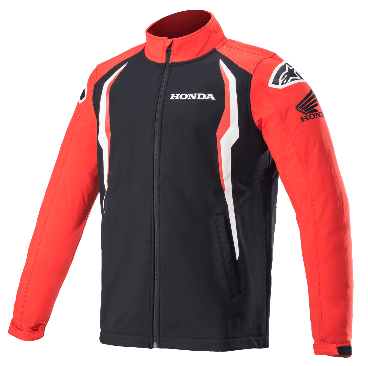 Alpinestars Honda Softshell-Jacke, Sportjacke, Rot und Schwarz mit weißen Akzenten, Kontrastpaneele, hoher Stehkragen mit Front-Reißverschluss, Honda- und Alpinestars-Logos auf Brust und Schultern, vom Motorsport inspirierte Lifestyle-Bekleidung
