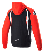 Alpinestars Honda Zip Hoodie, Red and Black, Rear View, Co-branded fleece with red hood and sleeves, black back with white and red contrast panels, Alpinestars star logo on the lower back, casual motorsport-inspired streetwear