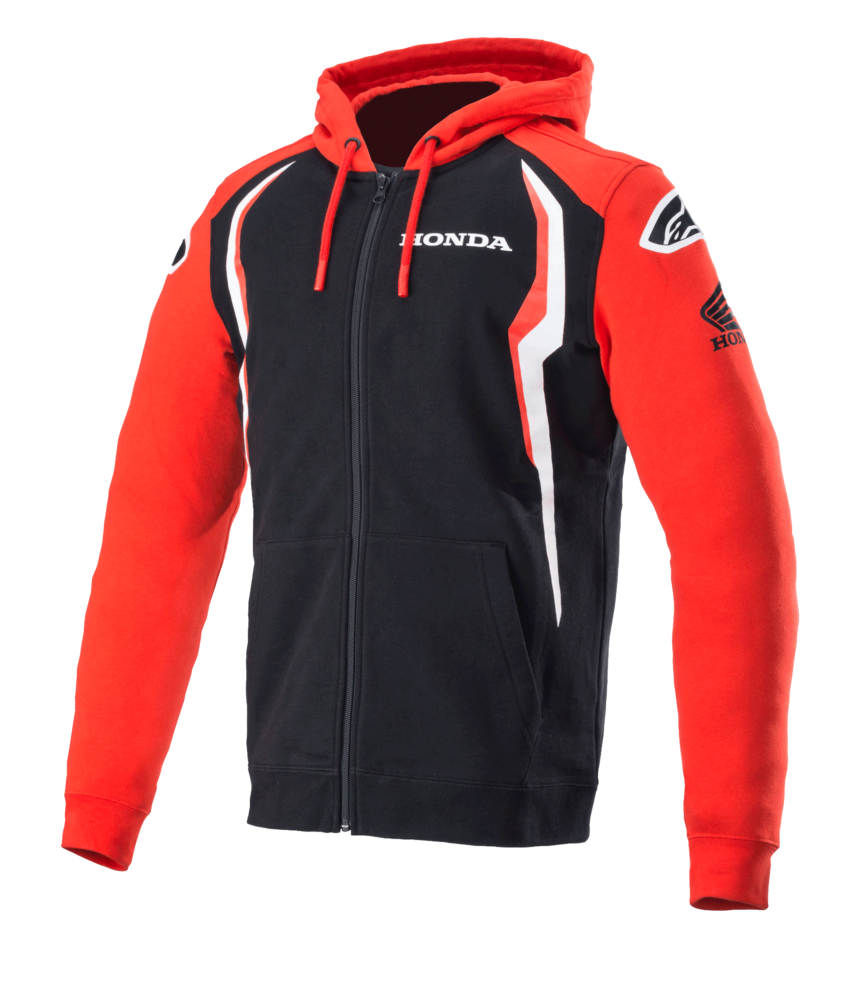 Alpinestars Honda Zip Hoodie, Full-Zip Hooded Sweatshirt, Red and Black with white accents, Honda branding on chest and sleeve, Alpinestars logos on shoulders, drawstring hood, casual motorsport apparel