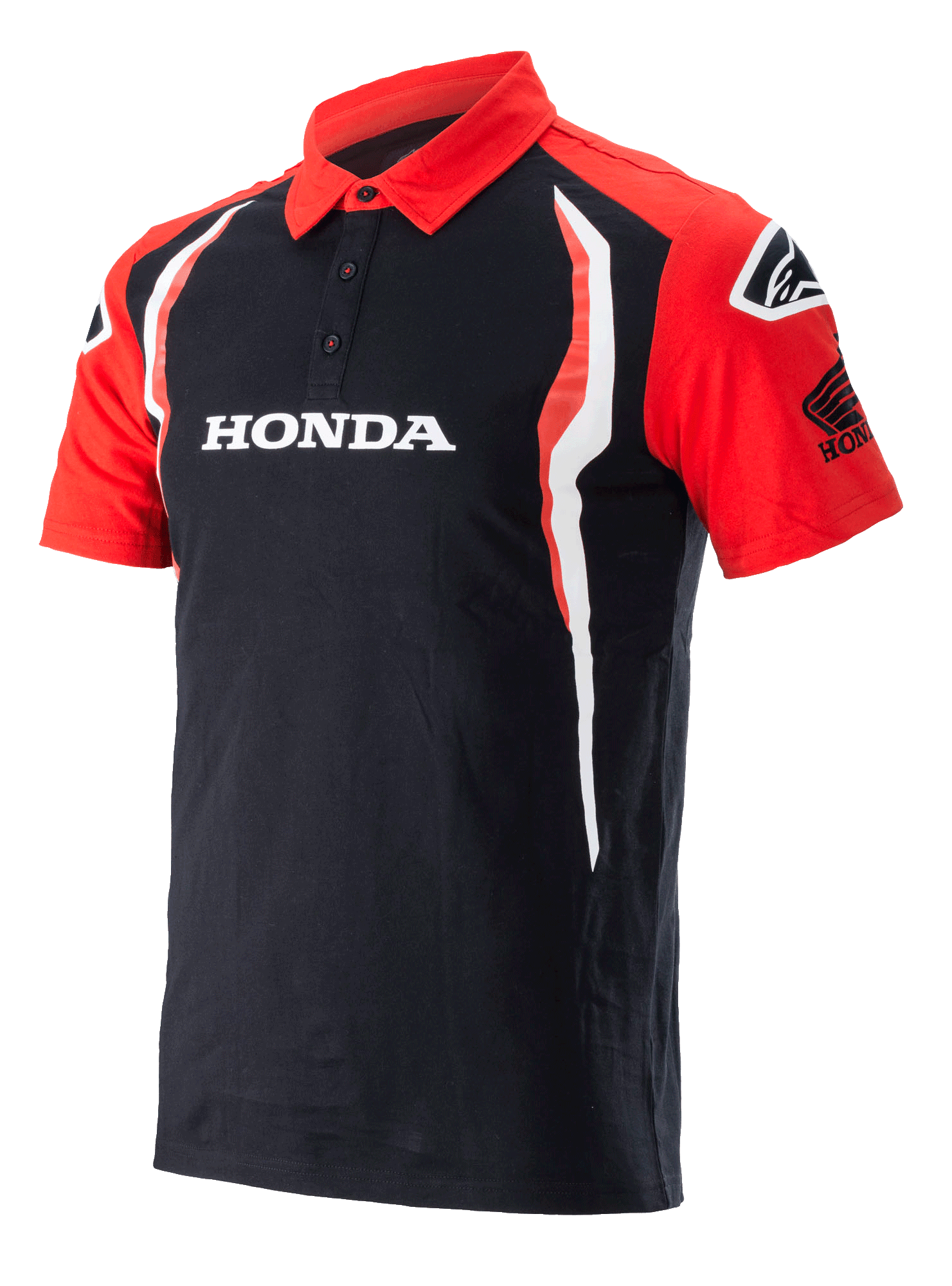 Alpinestars Honda Polo, Short Sleeve Polo Shirt, Black and Red, featuring a three-button placket, white Honda logo on the chest, Honda Wing logo on the sleeve, and vertical white and red side accents.