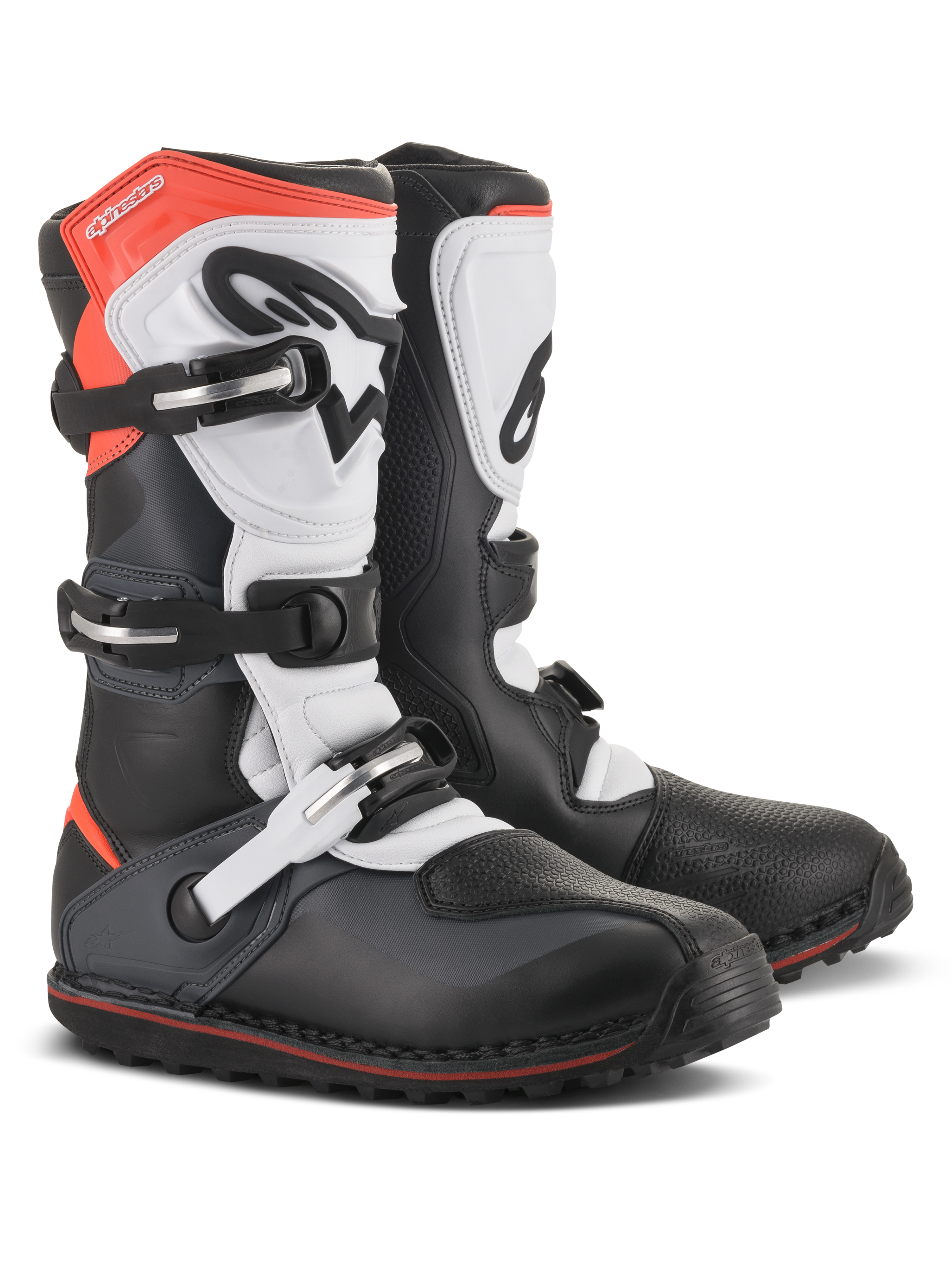 Alpinestars Tech-T Stiefel, Motorrad-Trial-Stiefel, Schwarz, Weiß und Rot Fluo, mit Dreifach-Schnallen-Verschlusssystem, ergonomischer Schienbeinplatte, strukturiertem Zehenschutz und flacher Profilsohle, technisches Offroad-Schuhdesign