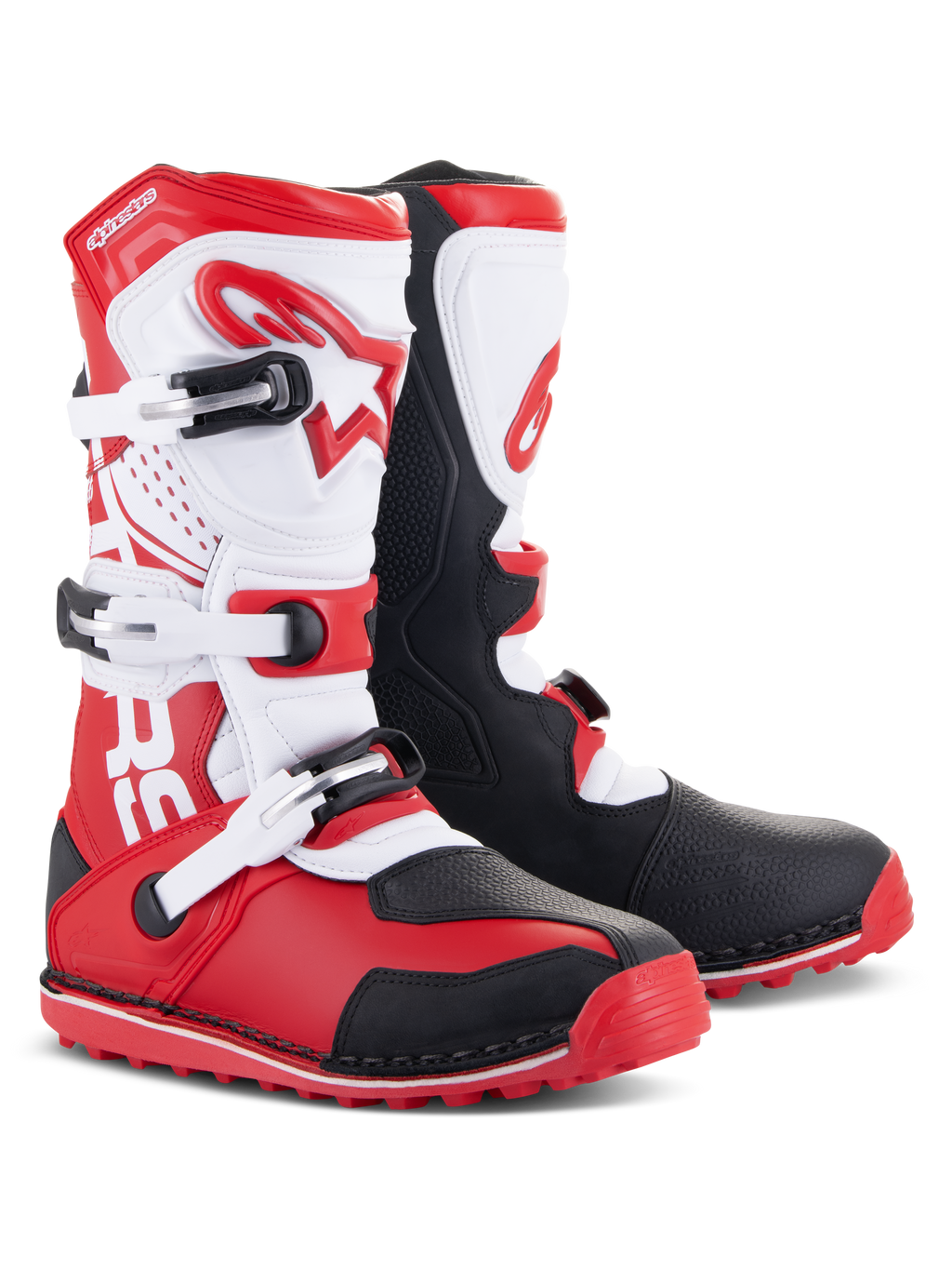 Alpinestars Tech-T Stiefel, Motorrad-Trial-Stiefel, Hellrot, Schwarz und Weiß, mit einer weißen ergonomischen Schienbeinplatte mit rotem Branding, drei verstellbaren Schnallen, schwarzen Schutzpaneelen und einer roten profilierten Sohle für Trials-Performance