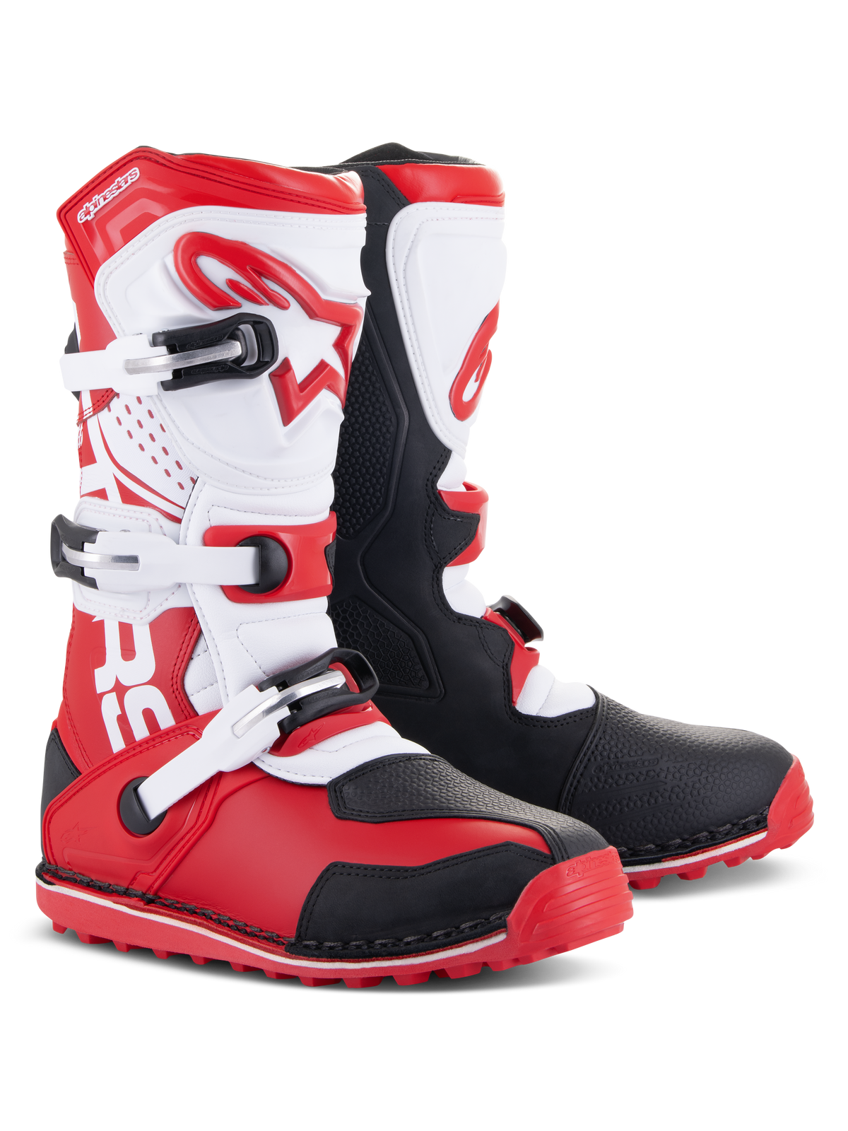 Alpinestars Tech-T Stiefel, Motorrad-Trial-Stiefel, Hellrot, Schwarz und Weiß, mit einer weißen ergonomischen Schienbeinplatte mit rotem Branding, drei verstellbaren Schnallen, schwarzen Schutzpaneelen und einer roten profilierten Sohle für Trials-Performance