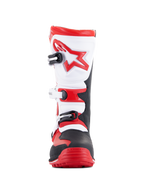 Alpinestars Tech-T Stiefel, Motorrad-Trial-Stiefel, Hellrot, Schwarz und Weiß, Vorderansicht mit ergonomischer weißer Schienbeinplatte und rotem Stern-Logo, Drei-Schnallen-Verschlusssystem, robuster schwarz-roter Zehenbereich, konzipiert für den Offroad-Trial-Sport