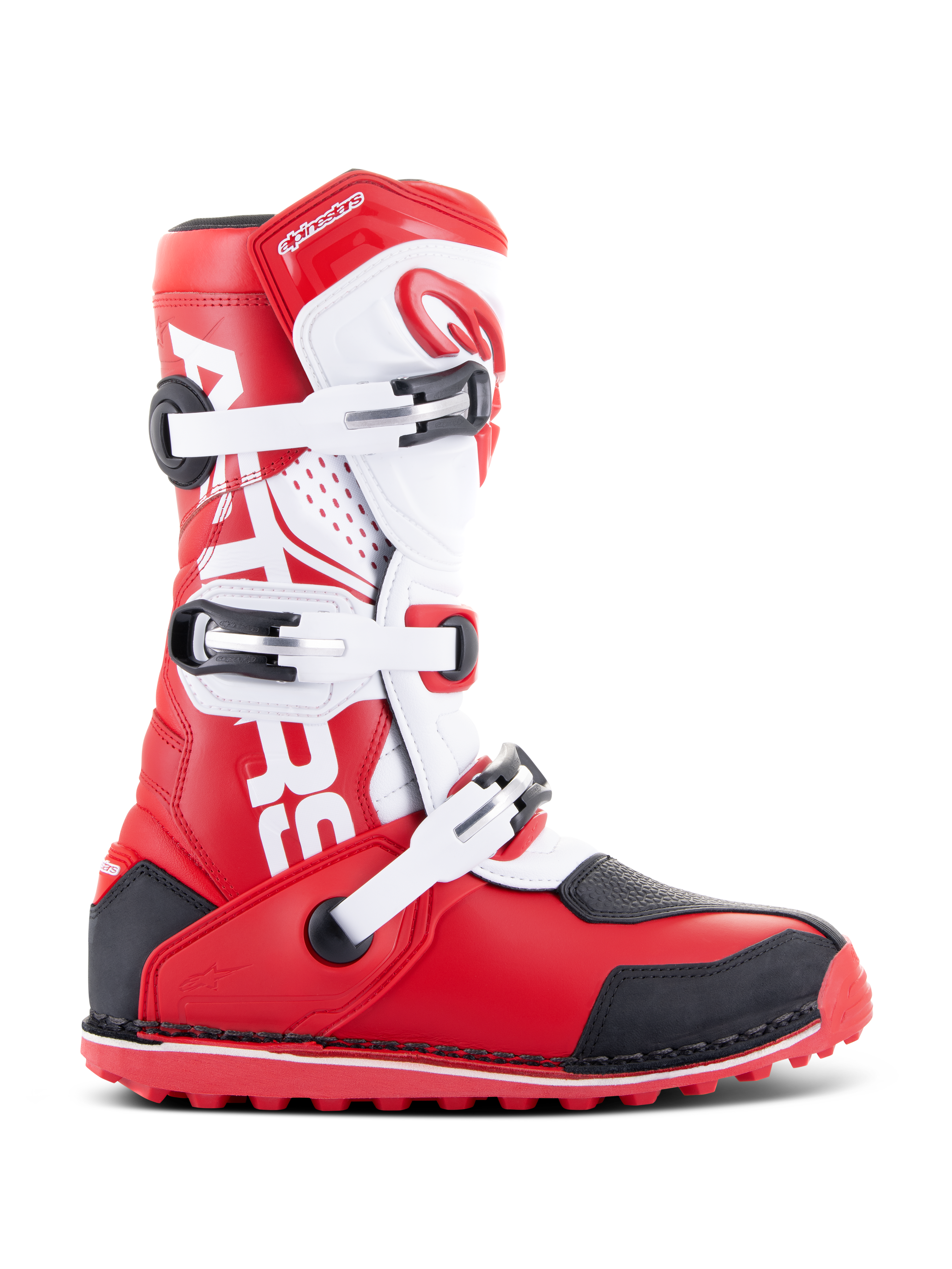 Alpinestars Tech-T Stiefel, Trial-Motorradstiefel, Hellrot, Schwarz und Weiß, drei verstellbare Schnallen, ergonomische Schienbeinplatte, rote strukturierte Sohle für Offroad-Trial-Performance