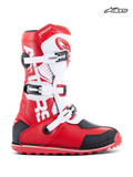 Alpinestars Tech-T Boots, motorcycle trials and off-road boots, bright red, black, and white, leather and microfiber construction with three-buckle closure and ergonomic shin plate