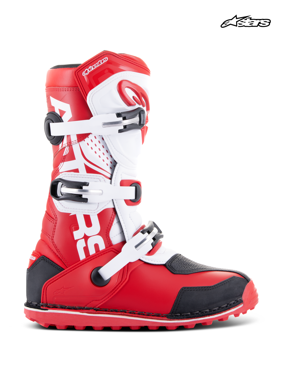 Alpinestars Tech-T Boots, motorcycle trials and off-road boots, bright red, black, and white, leather and microfiber construction with three-buckle closure and ergonomic shin plate