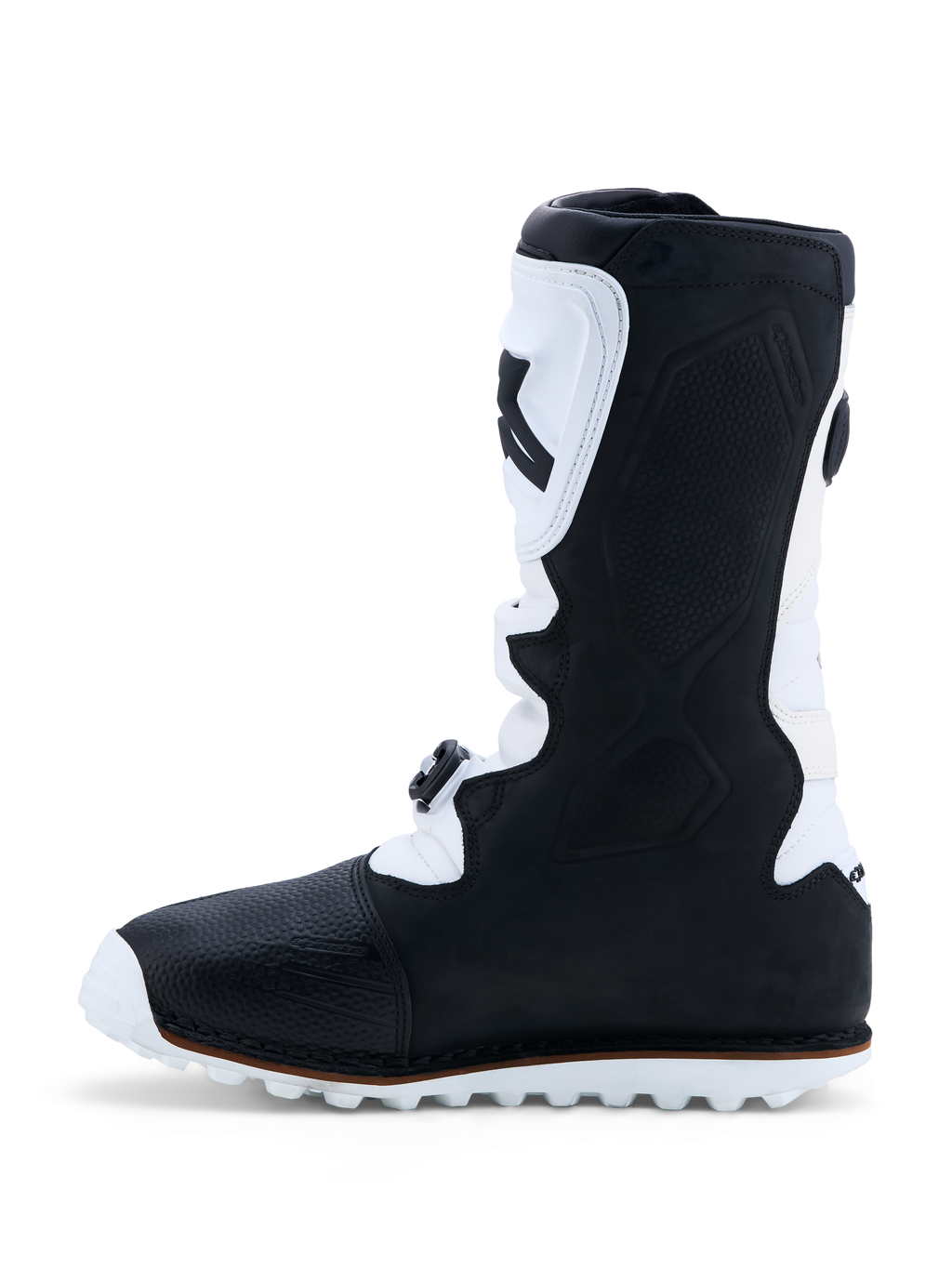 Alpinestars Tech-T Stiefel, Trial-Motorradstiefel, Schwarz und Weiß, Leder mit TPU-Schienbeinplatte und griffiger Sohle