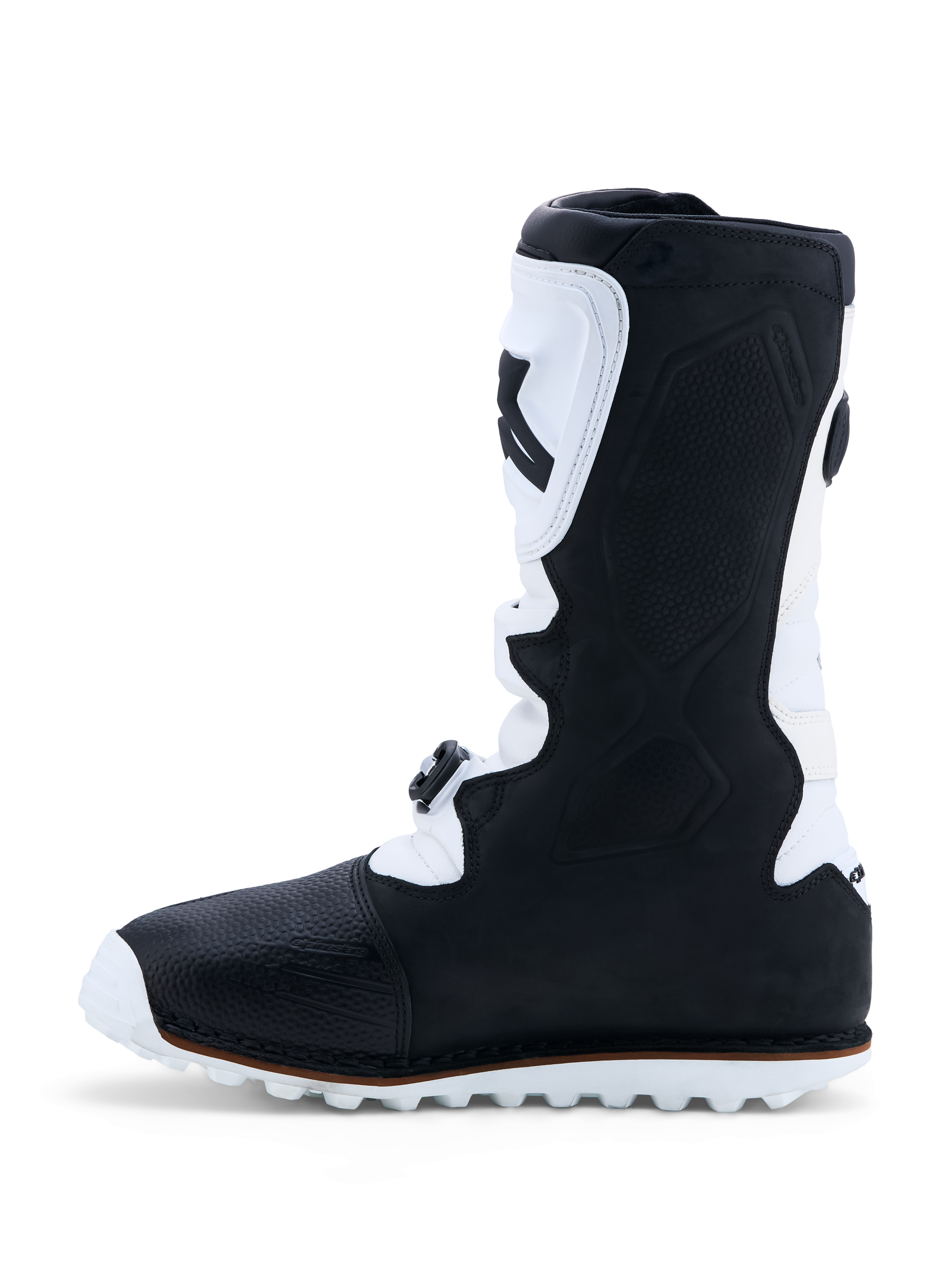 Alpinestars Tech-T Stiefel, Trial-Motorradstiefel, Schwarz und Weiß, Leder mit TPU-Schienbeinplatte und griffiger Sohle