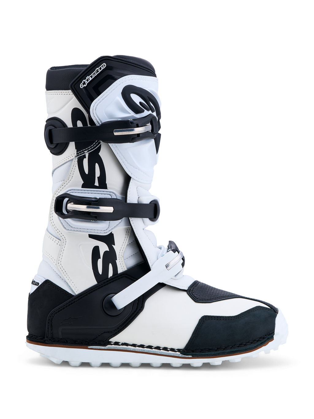 Alpinestars Tech-T Stiefel, Herren-Trial-Motorradstiefel, Schwarz und Weiß, Leder mit TPU-Schienbeinplatte, CE-zertifiziert.