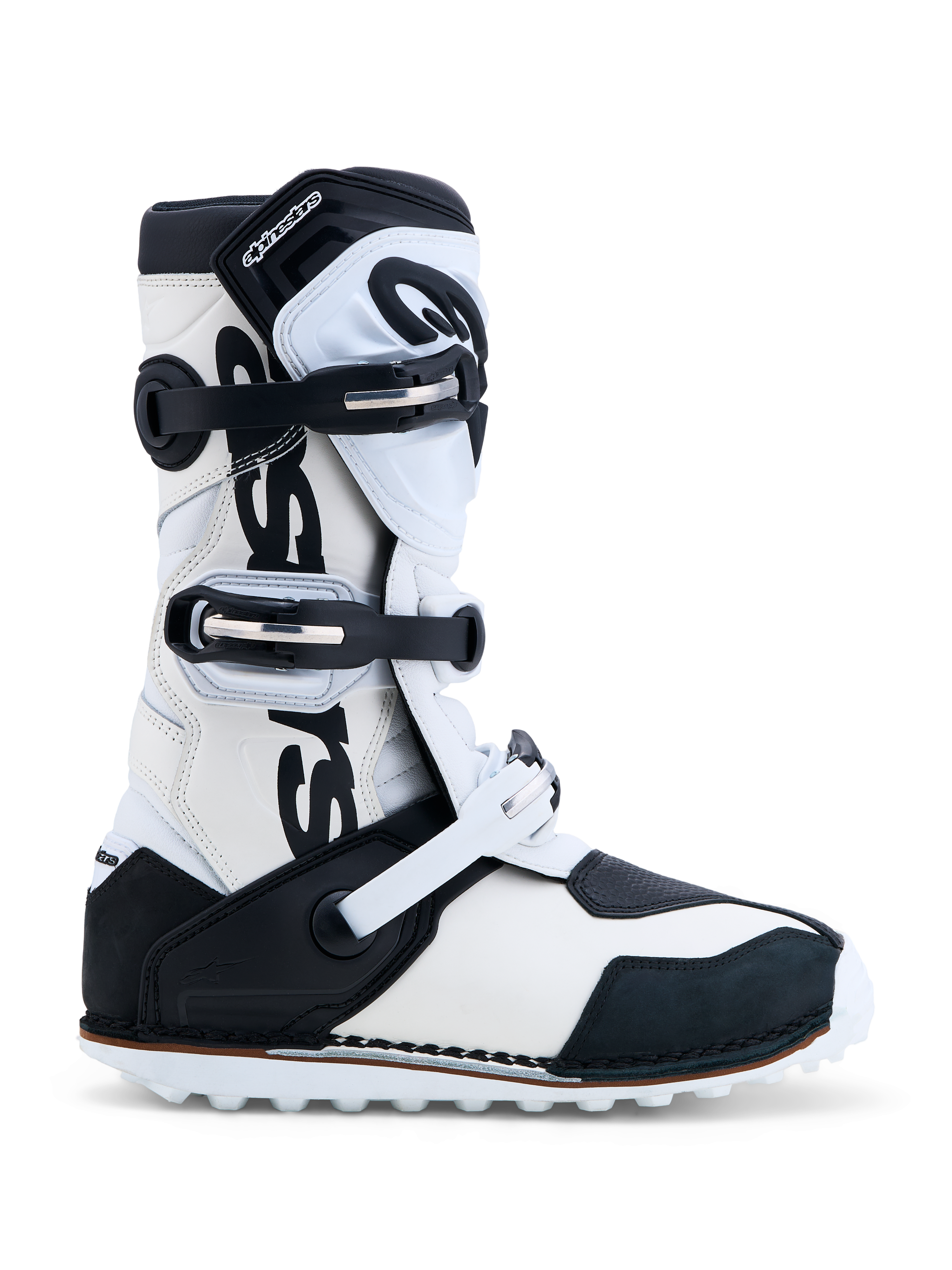 Alpinestars Tech-T Stiefel, Herren-Trial-Motorradstiefel, Schwarz und Weiß, Leder mit TPU-Schienbeinplatte, CE-zertifiziert.