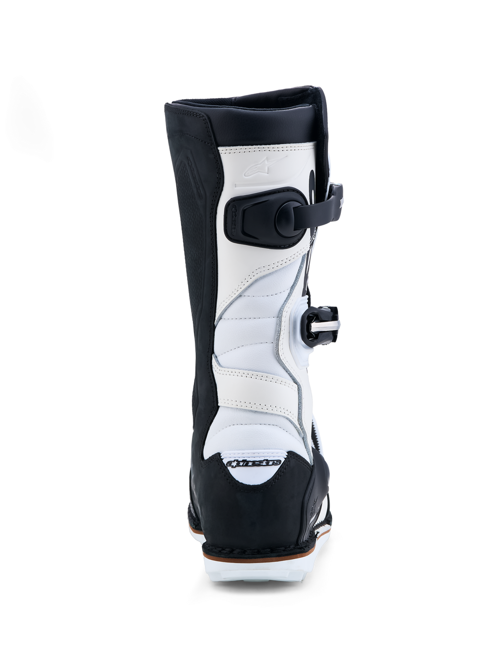 Alpinestars Tech-T Stiefel, Trial-Motorradstiefel aus Leder in Schwarz und Weiß mit Akkordeon-Stretchzonen.