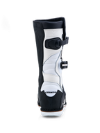 Alpinestars Tech-T Stiefel, Trial-Motorradstiefel aus Leder in Schwarz und Weiß mit Akkordeon-Stretchzonen.