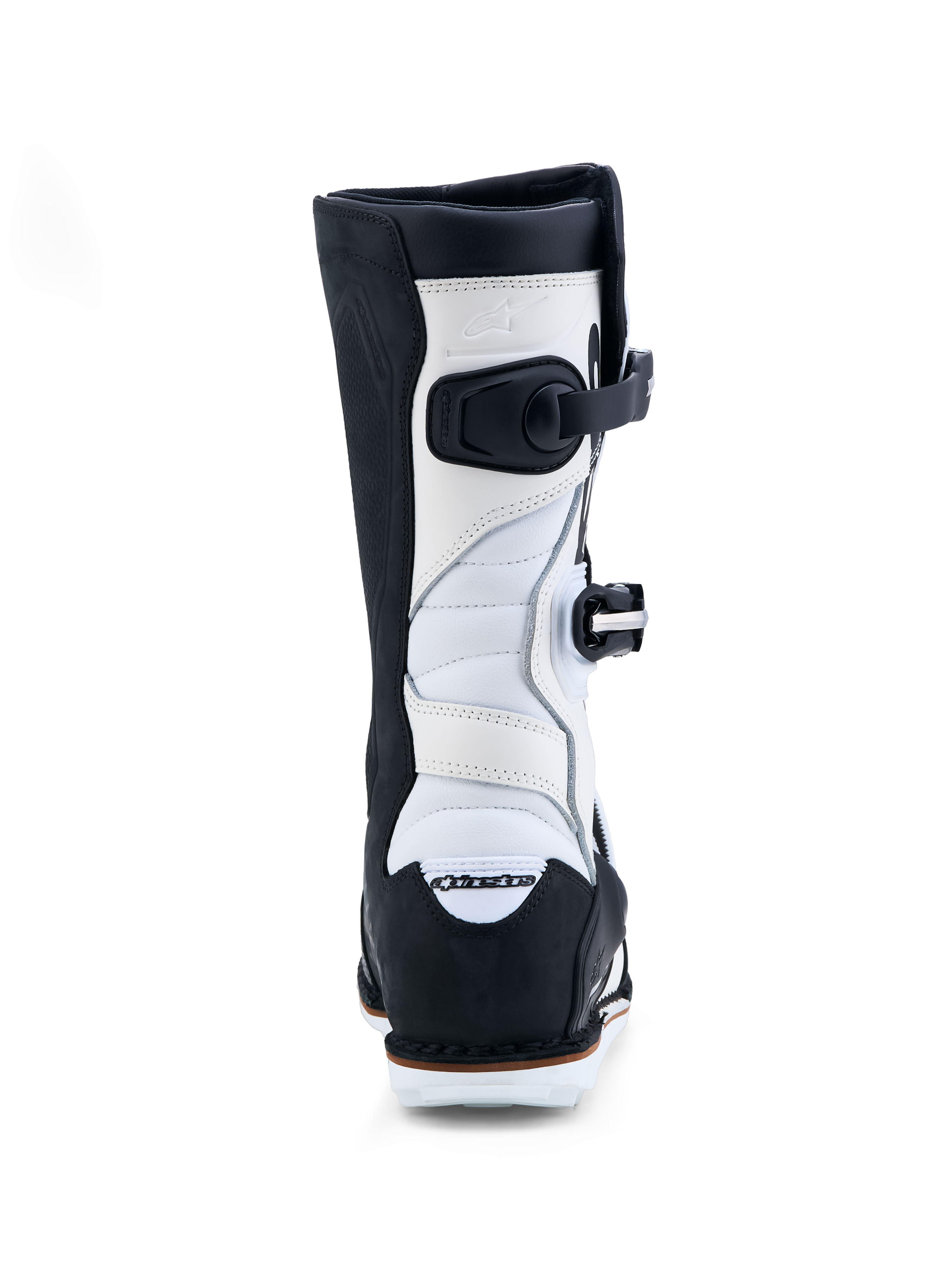 Alpinestars Tech-T Stiefel, Trial-Motorradstiefel aus Leder in Schwarz und Weiß mit Akkordeon-Stretchzonen.