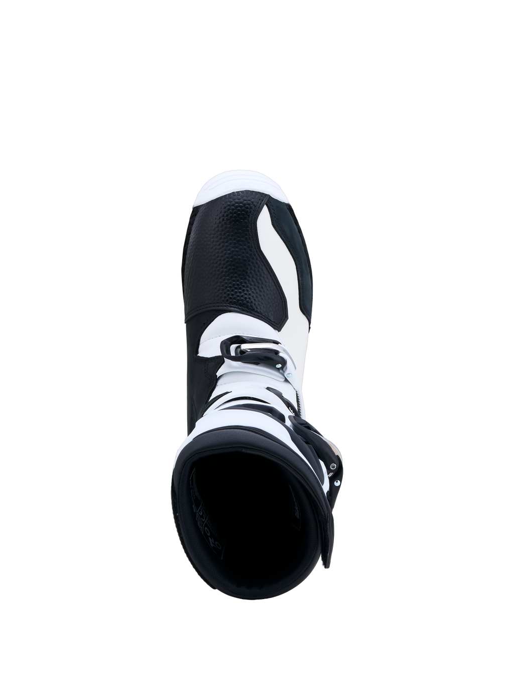 Alpinestars Tech-T Stiefel, Trial-Motorradstiefel in Schwarz und Weiß, Draufsicht, Lederkonstruktion und Schnallenverschluss.