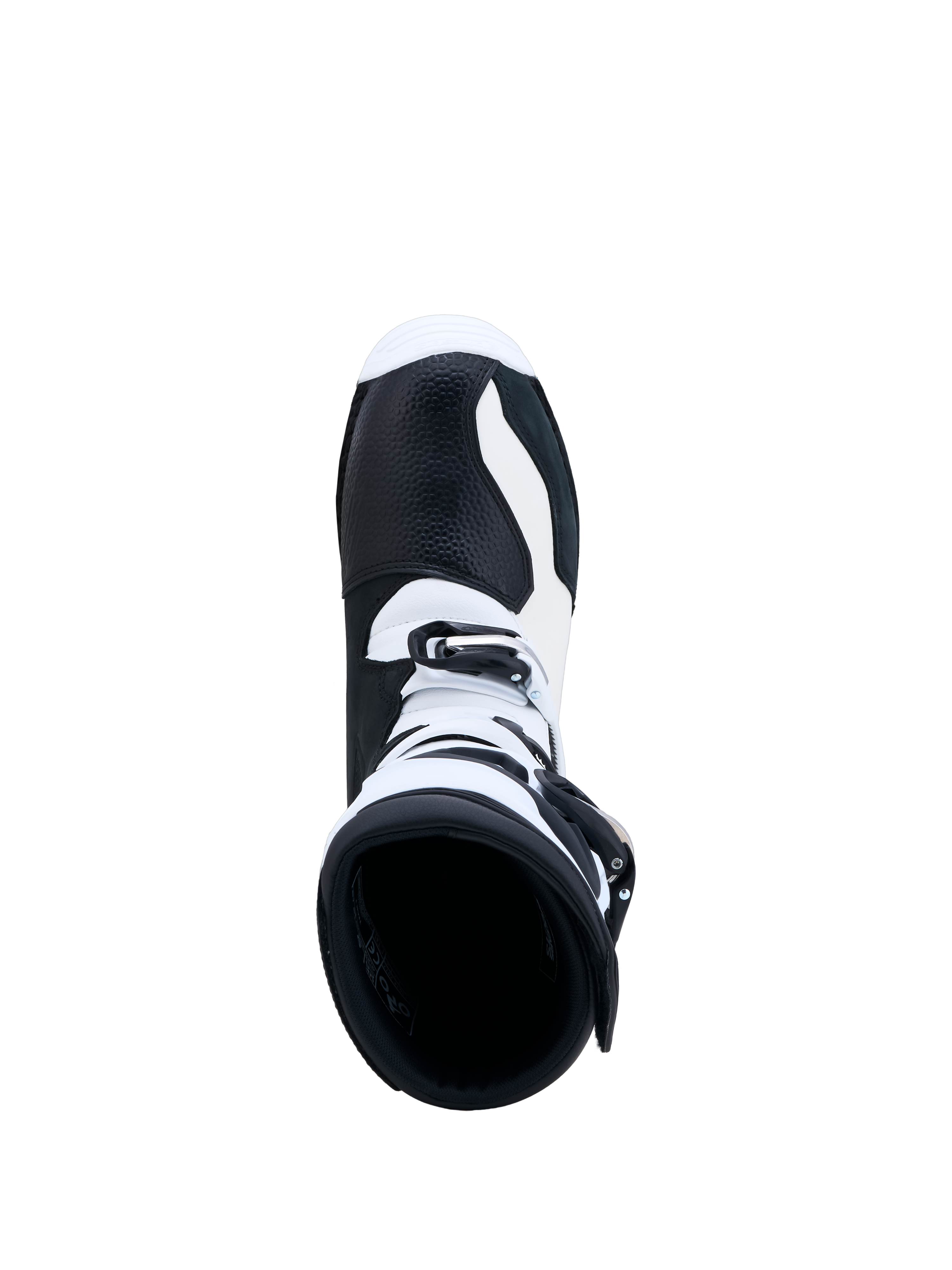 Alpinestars Tech-T Stiefel, Trial-Motorradstiefel in Schwarz und Weiß, Draufsicht, Lederkonstruktion und Schnallenverschluss.