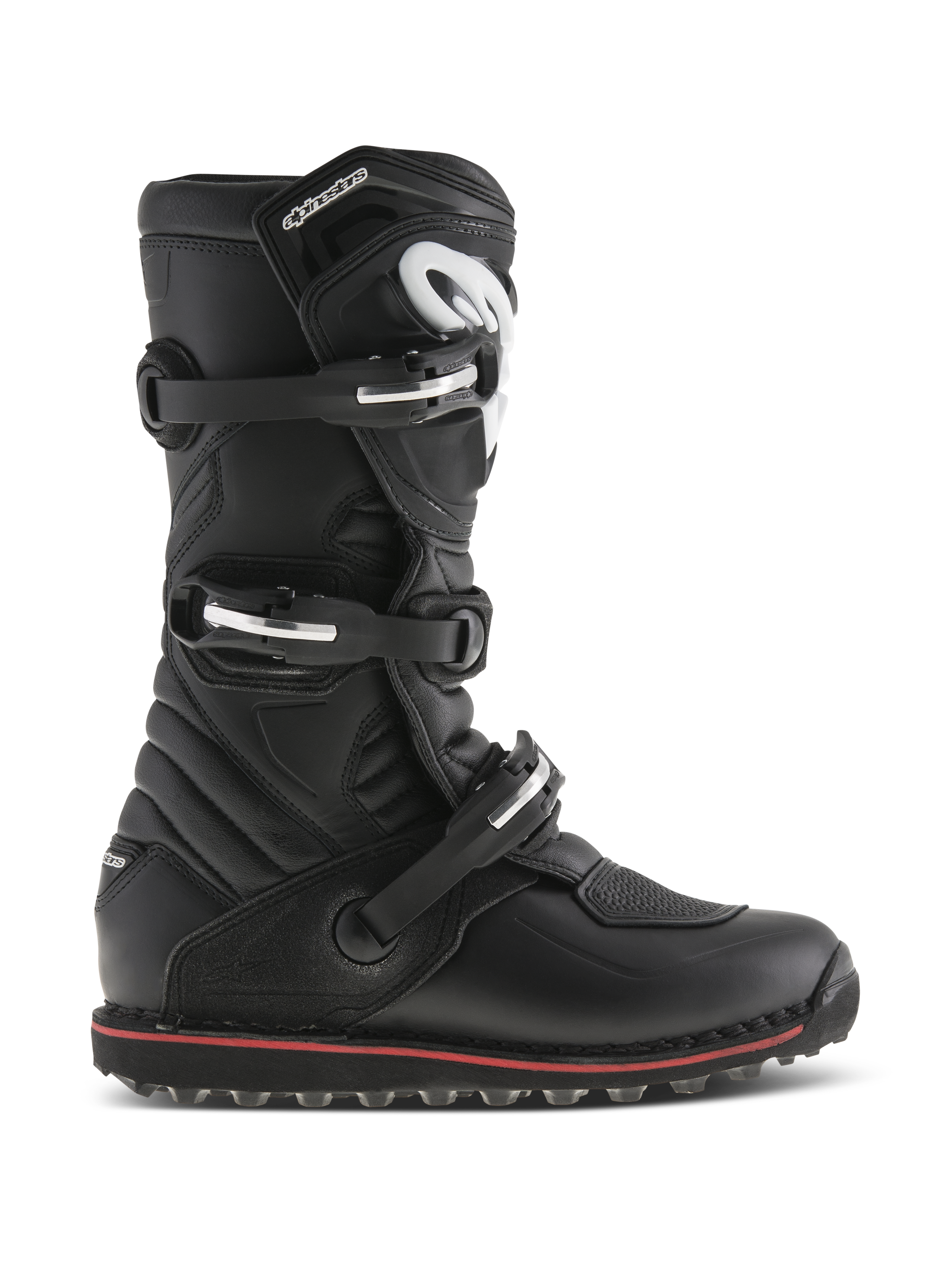 Alpinestars Tech-T Stiefel, Trial- und Offroad-Motorradstiefel, Schwarz mit rotem Akzent, Seitenprofilansicht mit drei verstellbaren Schnallen, weißes Logo auf ergonomischer Schienbeinplatte, strukturierte Ledereinsätze und robuste, griffige Sohle für Kontrolle auf dem Bike