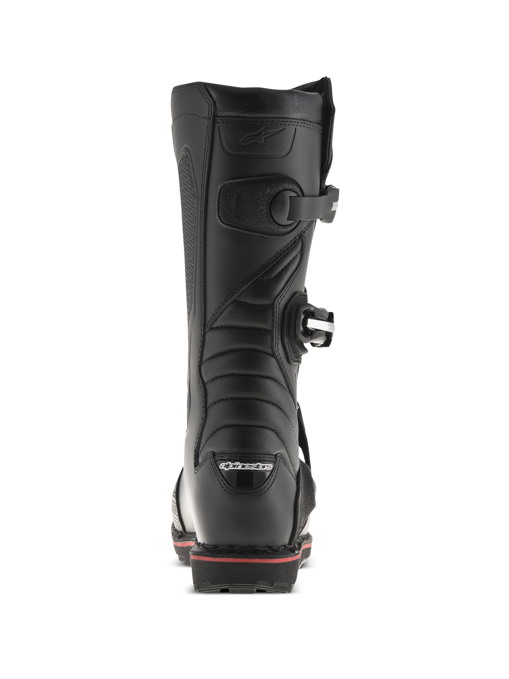 Alpinestars Tech-T Stiefel, Trial-Stiefel, Schwarz und Rot, Rückansicht mit Alpinestars-Logo an der Ferse, Schnallenverschlüssen und einer roten Akzentlinie entlang der Sohle, technisches Offroad-Schuhdesign