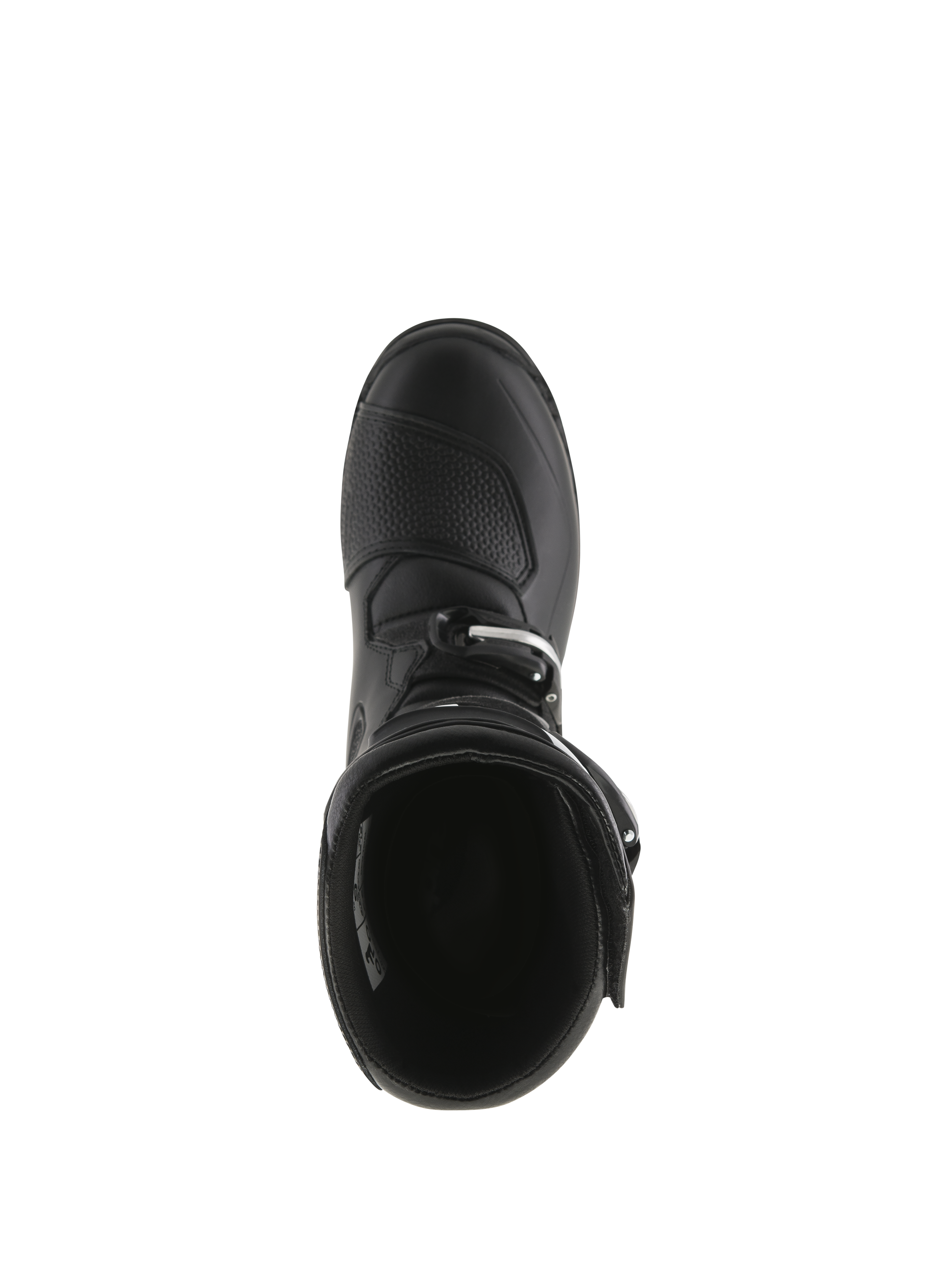 Alpinestars Tech-T Stiefel, Trial-Motorradstiefel, Schwarz, Ansicht von oben mit Blick auf die Innenöffnung, strukturierte Schaltverstärkung an der Zehenkappe und Schnallenverschluss