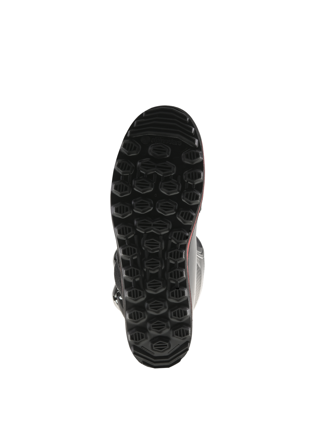 Alpinestars Tech-T Stiefel, Sohlenansicht von unten, Schwarz mit roten Akzenten, mit strukturiertem hexagonalen Profil, proprietäre Trial-Sohle für maximalen Grip und Sensibilität auf den Fußrasten