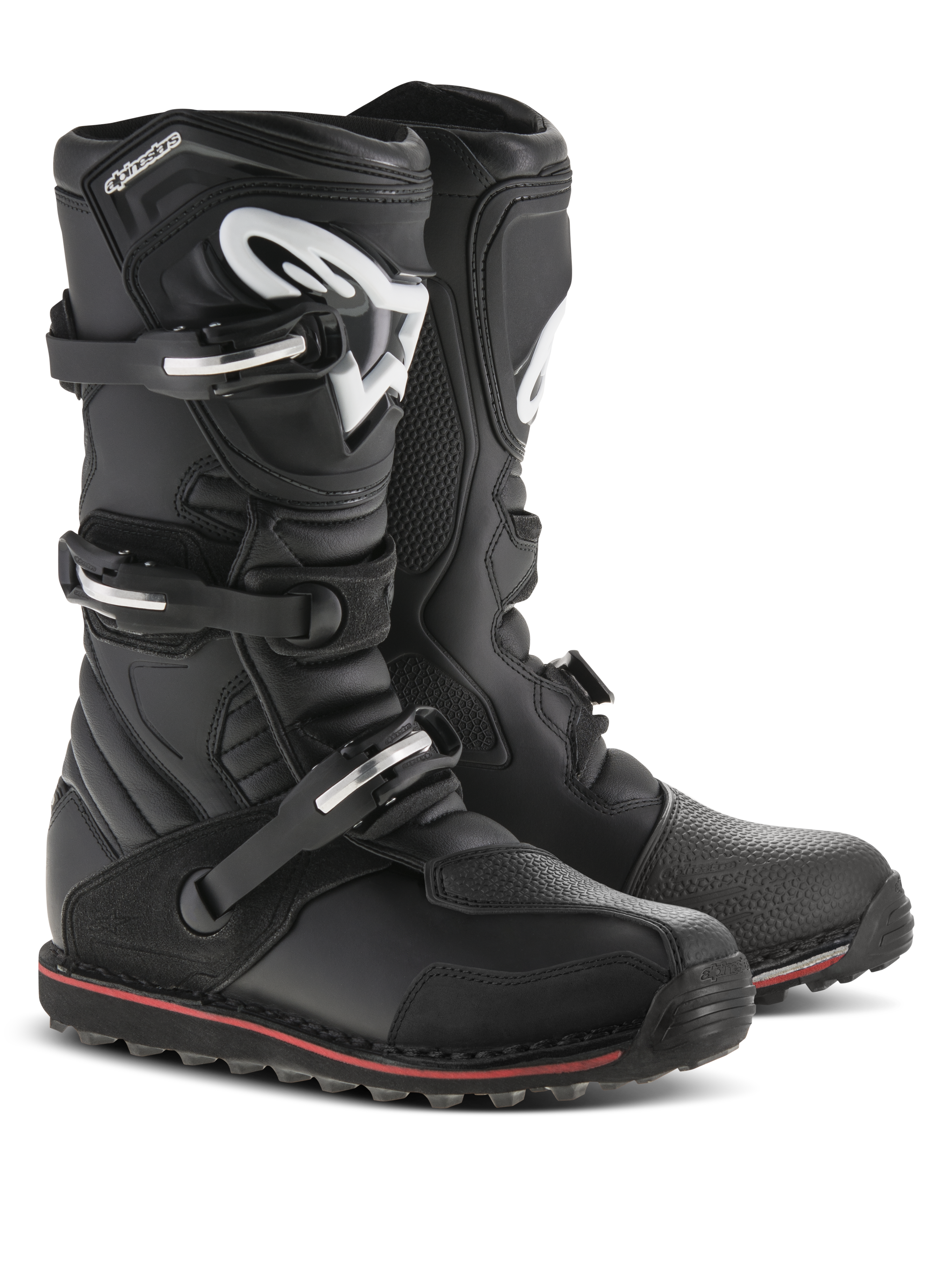 Alpinestars Tech-T Stiefel, Trial-Motorradstiefel, Schwarz mit roten und weißen Akzenten, Drei-Schnallen-Verschlusssystem, ergonomische Schienbeinplatte mit weißem Astars-Logo, dünner roter Streifen an der Sohle, strapazierfähige Lederkonstruktion für Trial- und Offroad-Fahrten