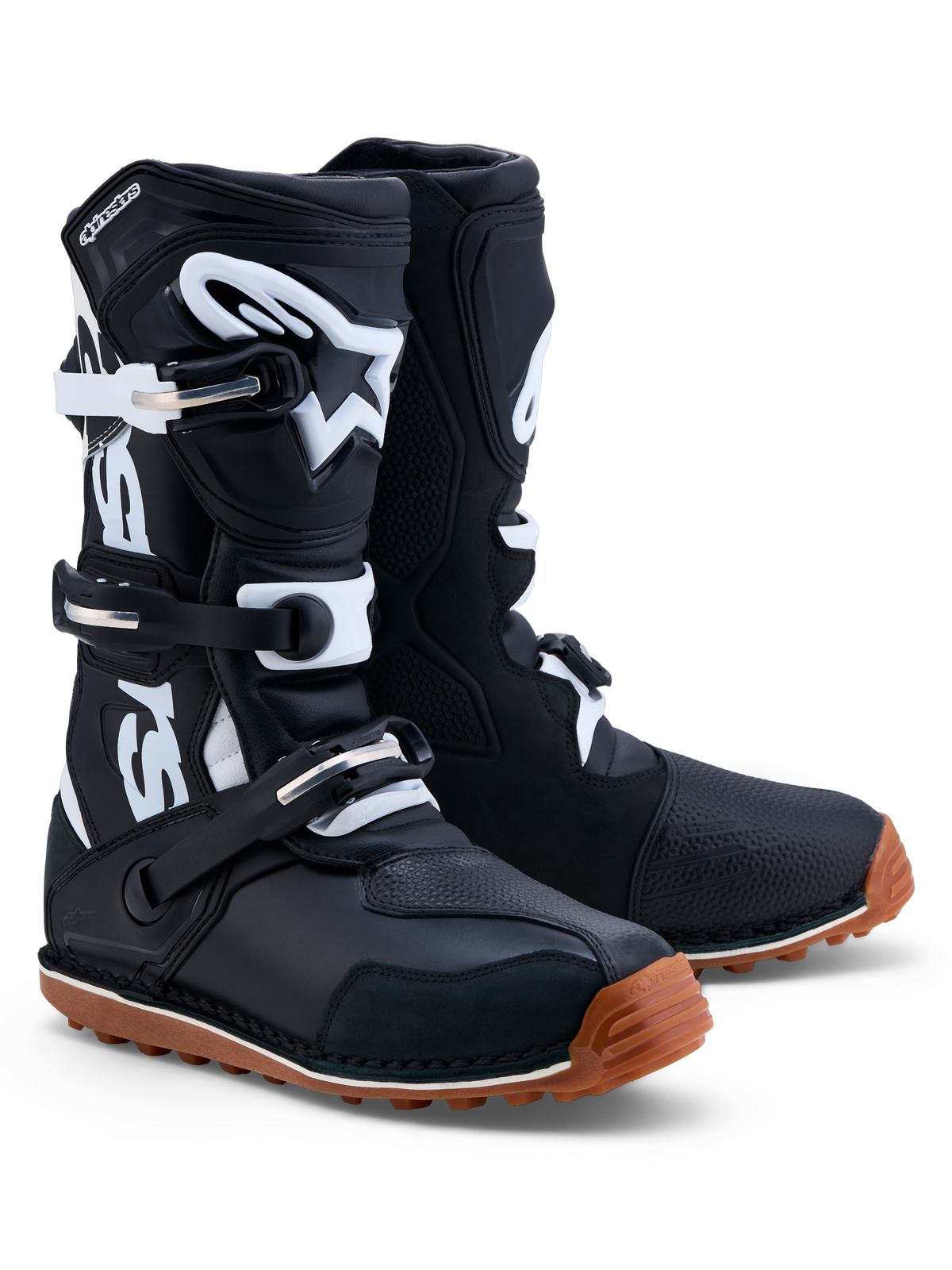 Alpinestars Tech-T Stiefel, Trial-Motorradstiefel für Herren, Schwarz und Weiß, robuste Lederkonstruktion mit TPU-Schienbeinplatte und griffiger Gummisohle für optimales Gefühl.