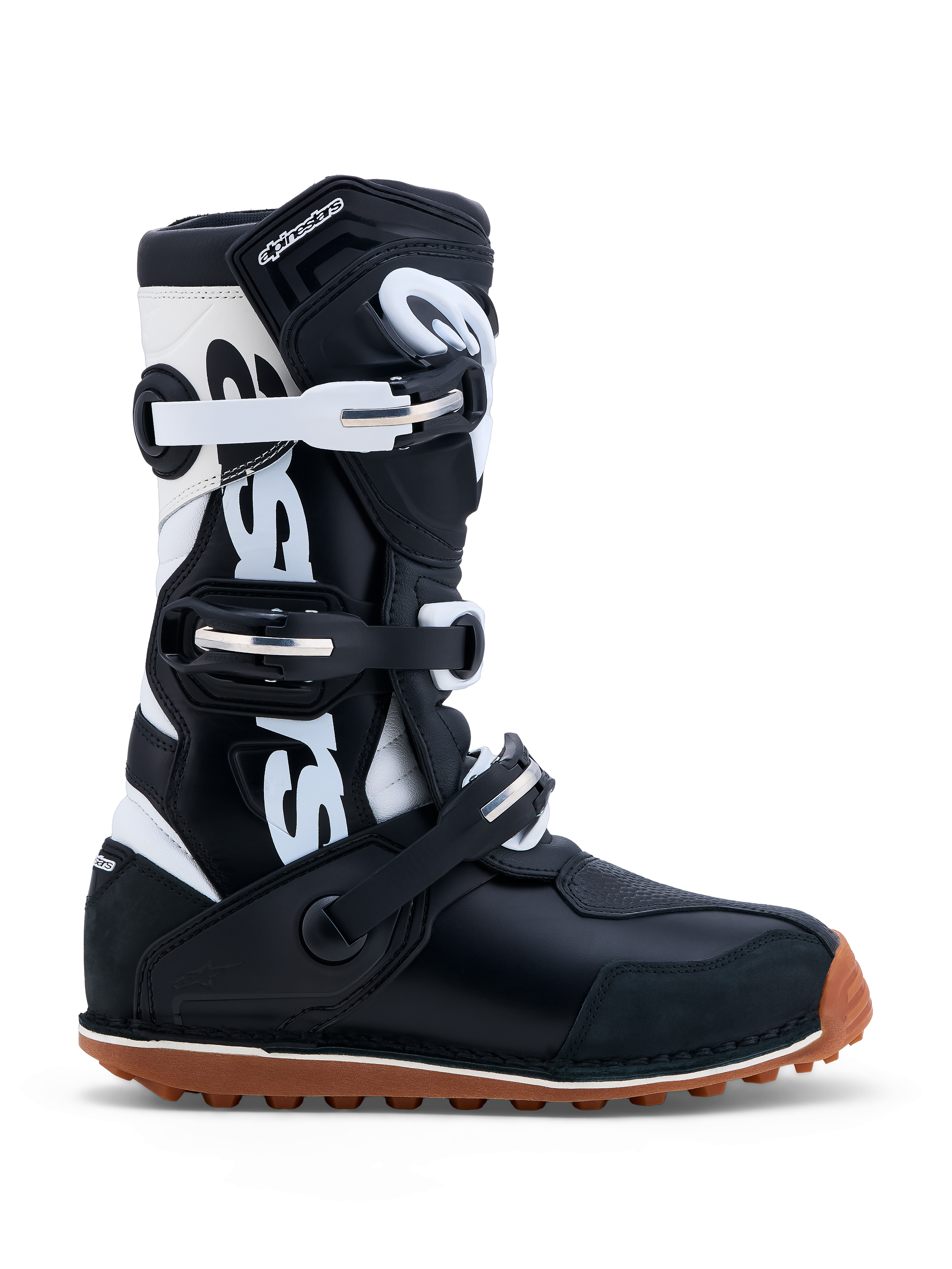 Alpinestars Tech-T Stiefel, Trial-Stiefel für Herren, Schwarz und Weiß, Leder, CE-zertifiziert, braune Gummisohle.
