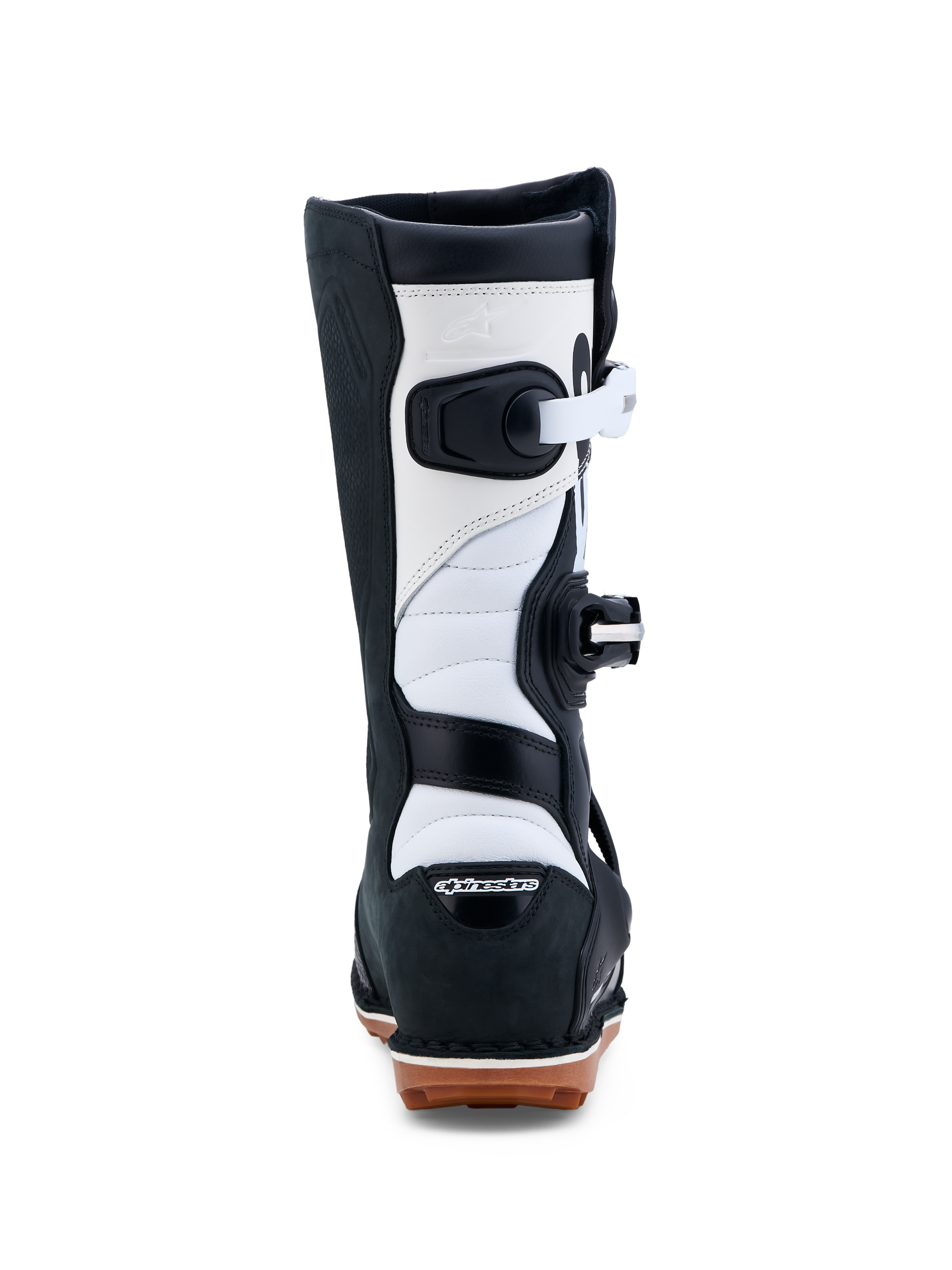 Alpinestars Tech-T Trial-Stiefel, Schwarz und Weiß, CE-zertifizierte Lederkonstruktion mit Gummisohle, Rückansicht.