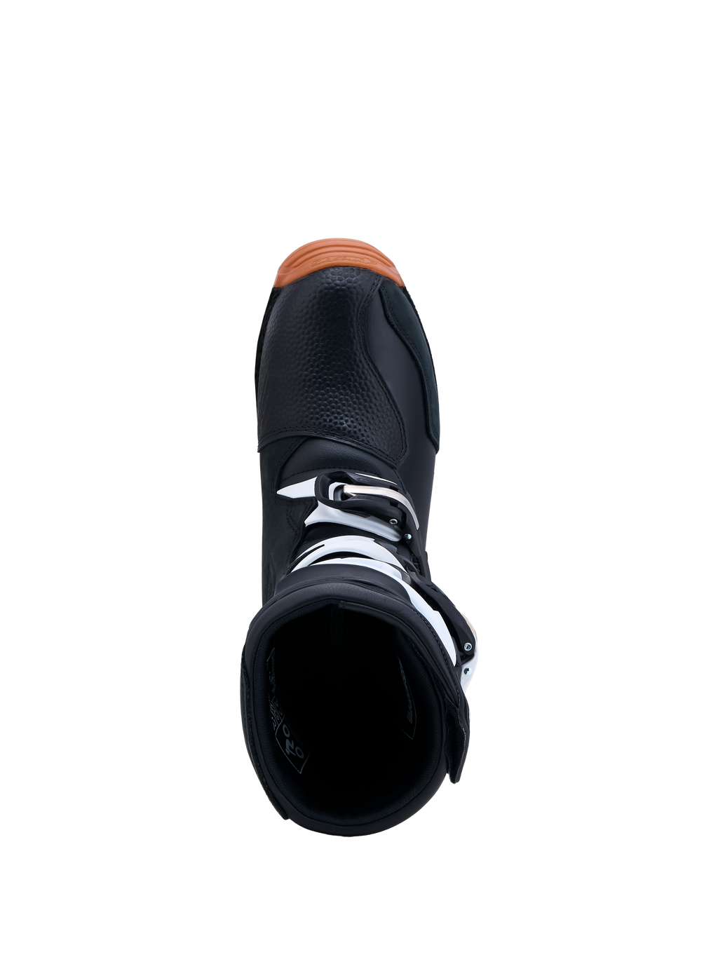Alpinestars Tech-T Trial-Stiefel, Schwarz und Weiß, Draufsicht der Einstiegsöffnung mit Schnallen und brauner Gummisohle.