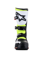 Alpinestars Tech-T Stiefel, Trial-Schuhe, Weiß, Rot, Neongelb und Schwarz, Vorderansicht, mit einem weißen ergonomischen Schienbeinschutz mit schwarzem Stern-Logo, verstellbaren Schnallen und neongelben Einsätzen.