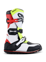 Alpinestars Tech-T Boots, Trials Motorcycle Boots, White Red Yellow Fluorescent and Black, featuring a protective shinplate, adjustable buckles in red and black, and a specialized sole for trials riding, side profile view