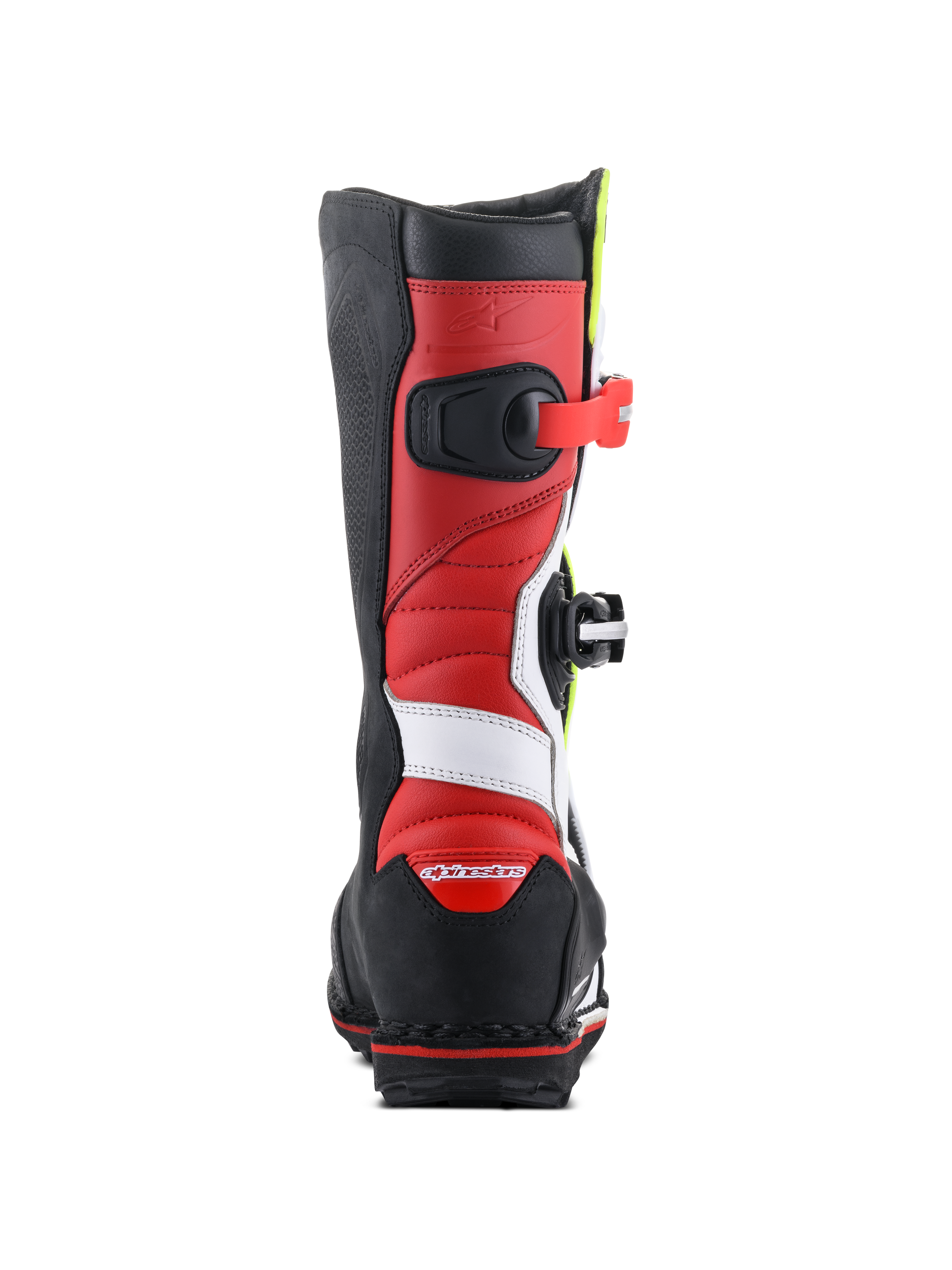 Alpinestars Tech-T Stiefel, Trial-Motorradstiefel, Weiß, Rot, Gelb Fluo und Schwarz, Rückansicht mit roter Lederkonstruktion und weißen Akzenten, schwarzer Fersenschutz mit rotem Logo und einer robusten schwarzen Sohle für Traktion im Gelände.