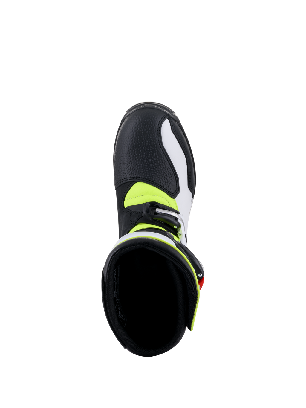 Alpinestars Tech-T Stiefel, Trial-Motorradstiefel, Weiß, Rot, Neongelb und Schwarz, Draufsicht mit Blick in das Stiefelinnere, zeigt das gepolsterte schwarze Innenfutter, neongelbe Akzente und silbernen Schnallenverschluss