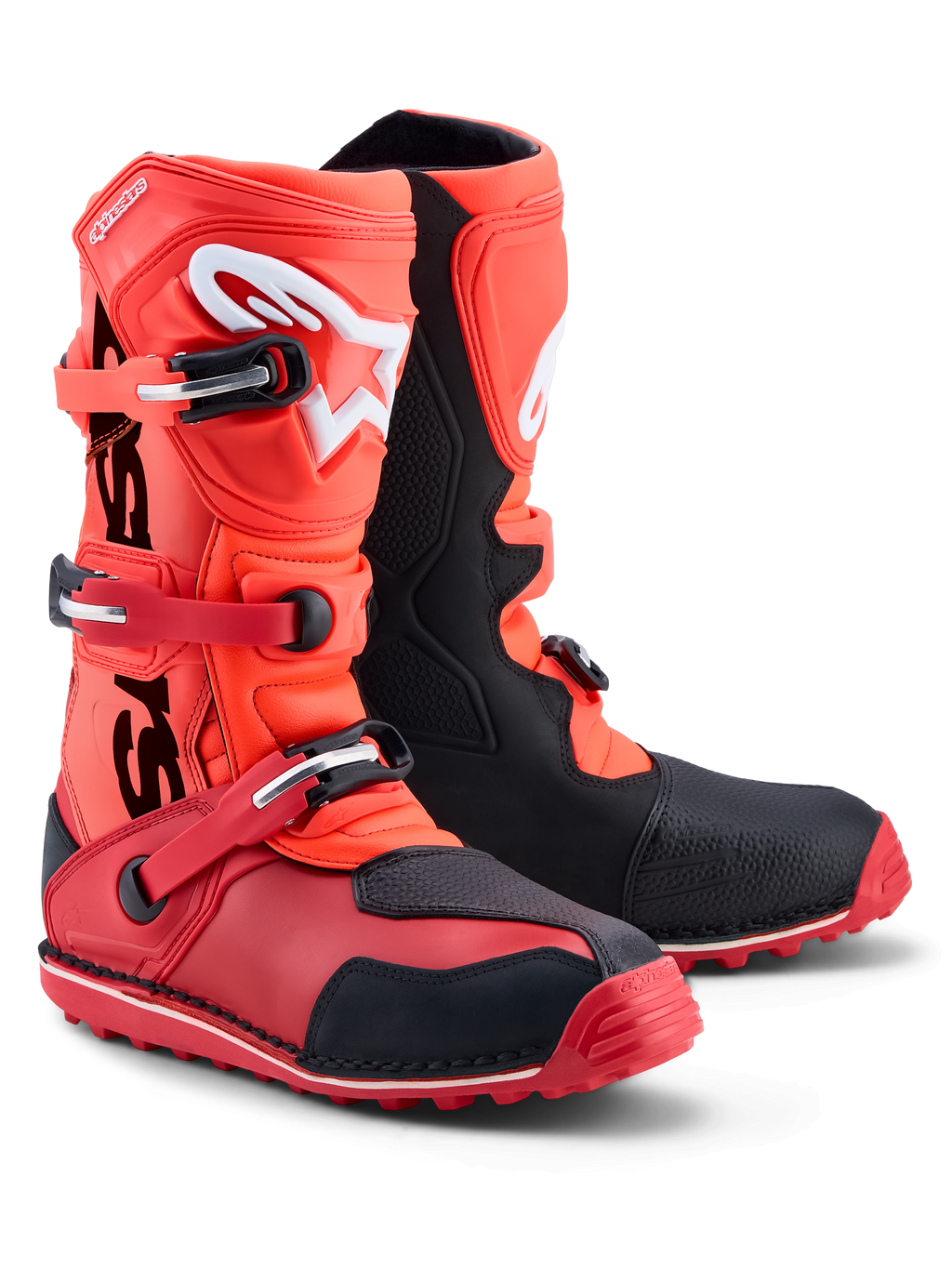 Alpinestars Tech-T Stiefel, Trial-Motorradstiefel in Rot Fluo und Schwarz, CE-zertifiziert mit TPU-Schienbeinschutz.