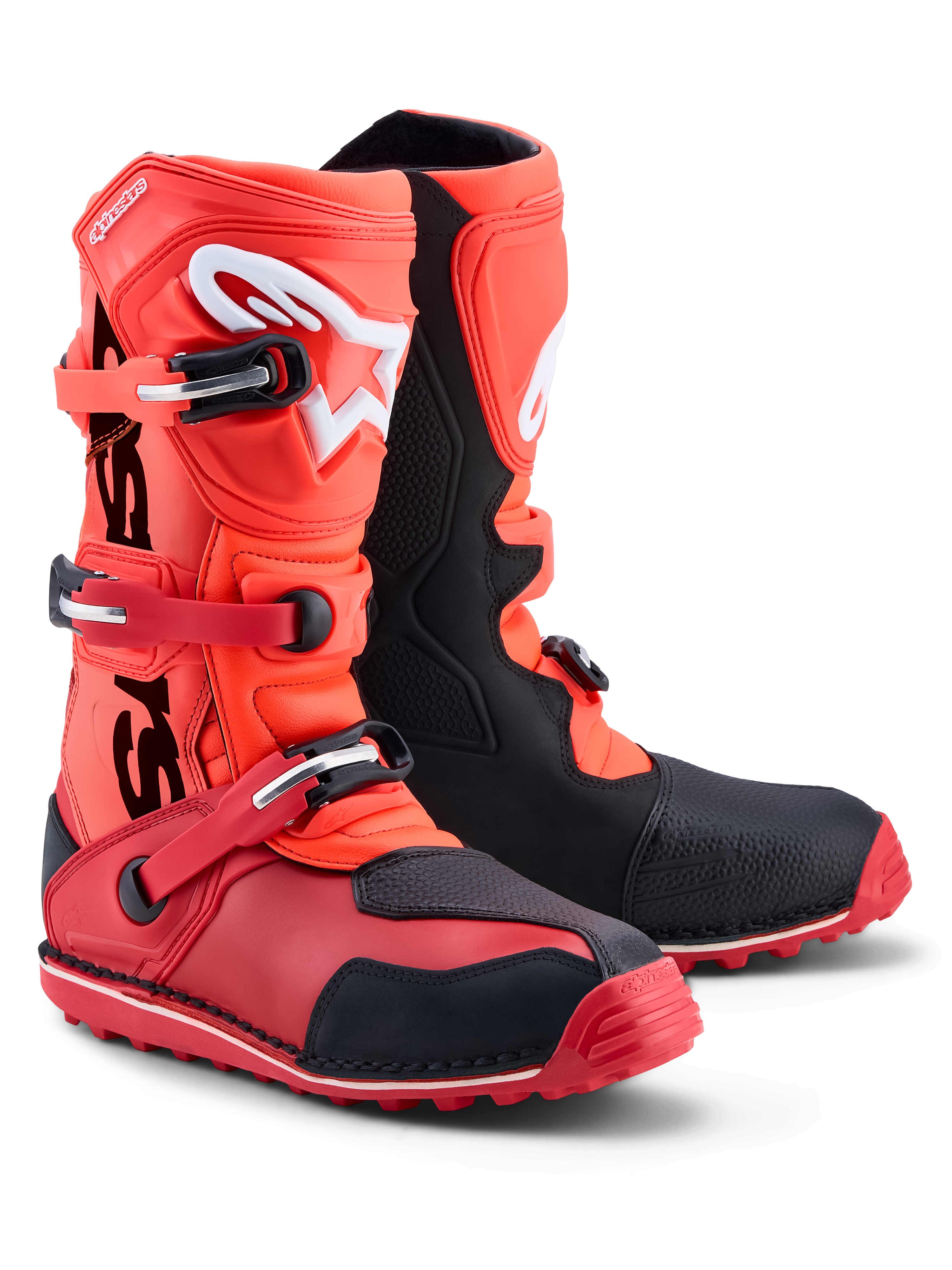 Alpinestars Tech-T Stiefel, Trial-Motorradstiefel in Rot Fluo und Schwarz, CE-zertifiziert mit TPU-Schienbeinschutz.