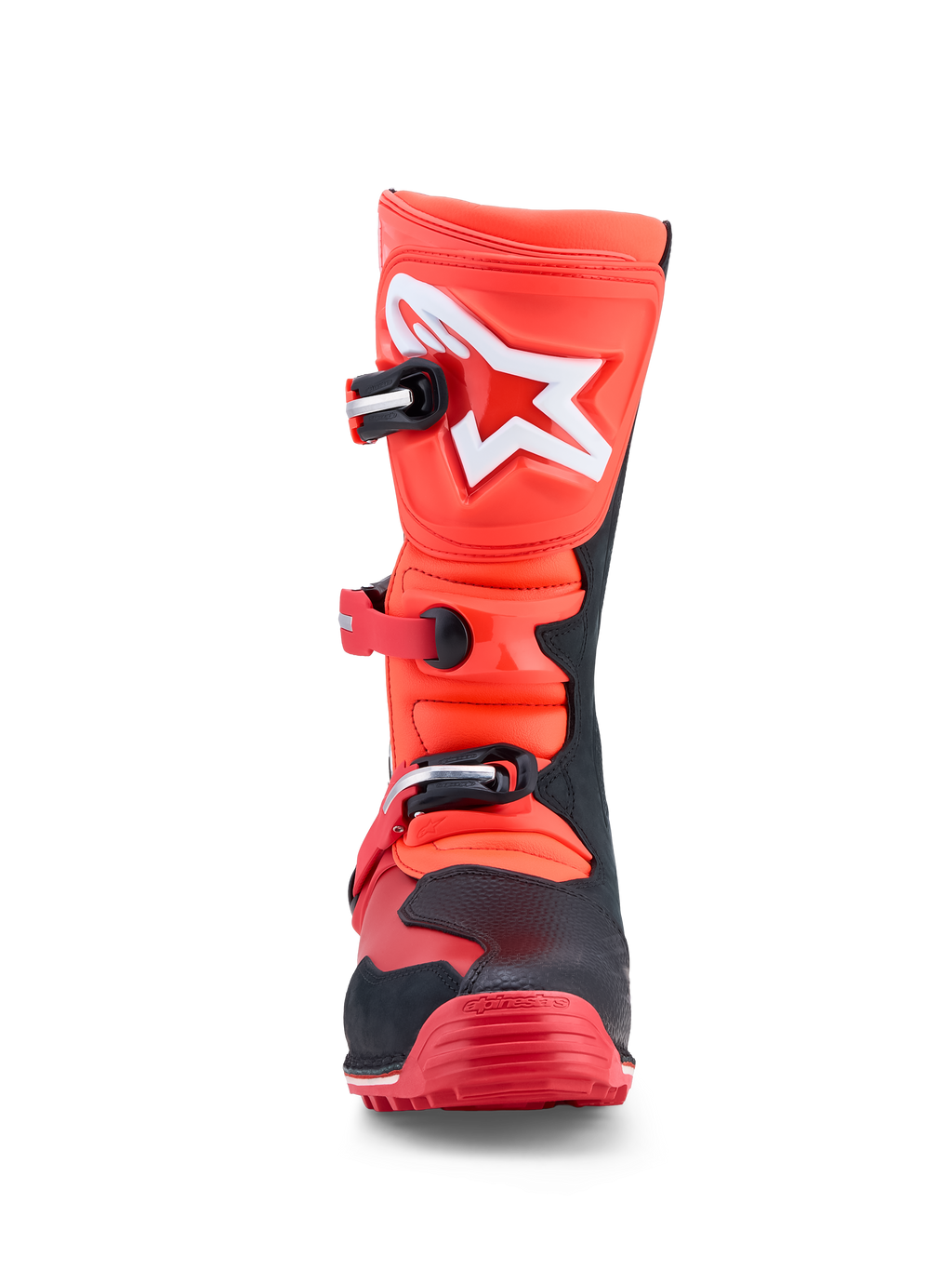 Alpinestars Tech-T Stiefel, Trial-Motorradstiefel in Fluo-Rot und Schwarz, Leder mit hochschlagfesten TPU-Schienbeinplatten.