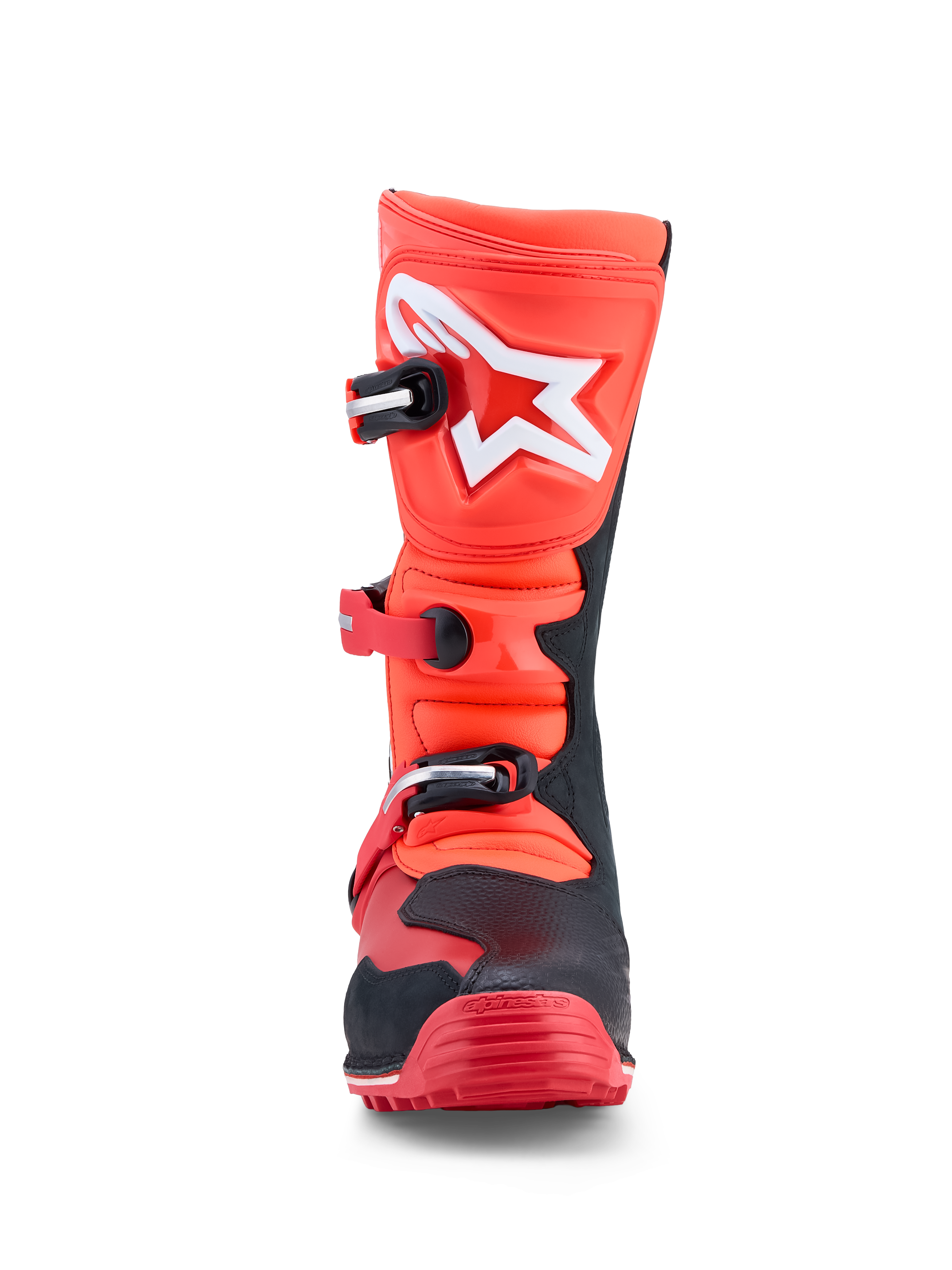 Alpinestars Tech-T Stiefel, Trial-Motorradstiefel in Fluo-Rot und Schwarz, Leder mit hochschlagfesten TPU-Schienbeinplatten.