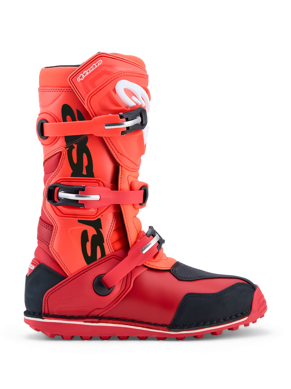 Alpinestars Tech-T Trial-Motorradstiefel in fluoreszierendem Rot und Schwarz mit drei Schnallen und TPU-Schutz.