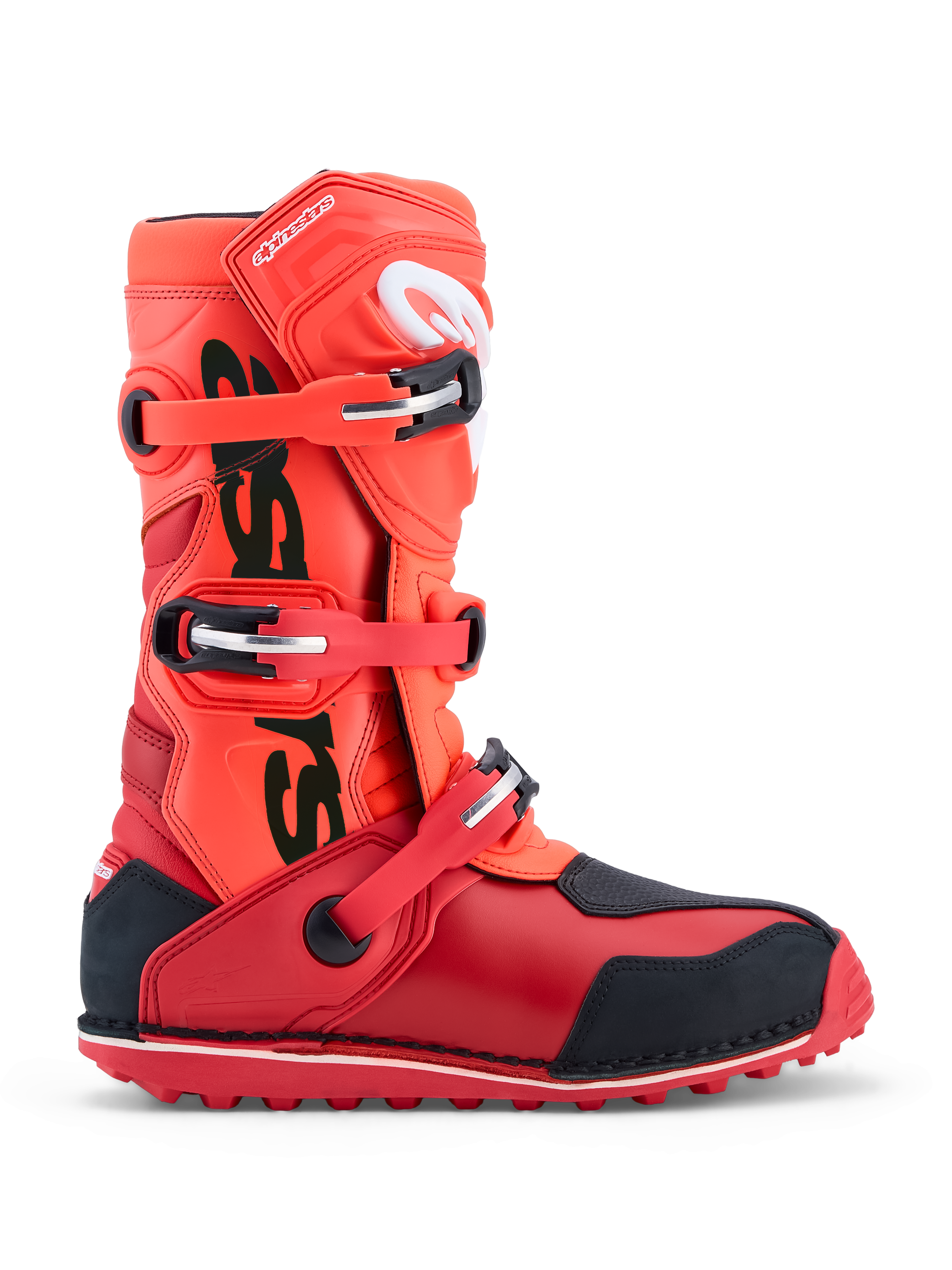 Alpinestars Tech-T Trial-Motorradstiefel in fluoreszierendem Rot und Schwarz mit drei Schnallen und TPU-Schutz.
