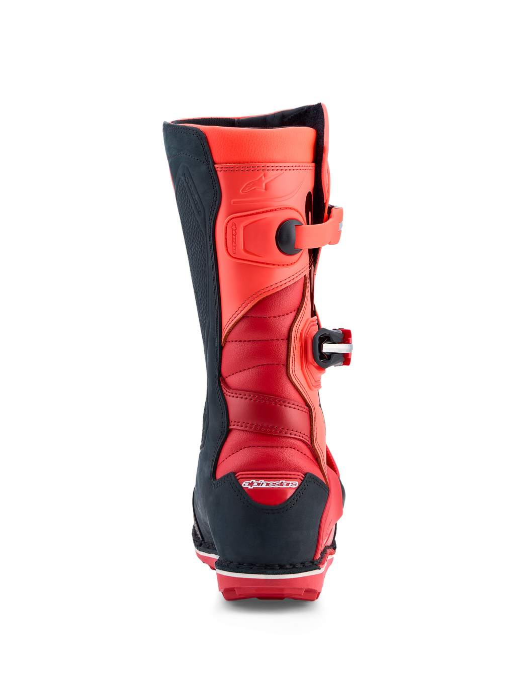 Alpinestars Tech-T Trial-Stiefel in Rot Fluo und schwarzem Leder, Rückansicht mit Akkordeon-Flexzonen und CE-zertifiziertem TPU.