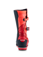 Alpinestars Tech-T Trial-Stiefel in Rot Fluo und schwarzem Leder, Rückansicht mit Akkordeon-Flexzonen und CE-zertifiziertem TPU.