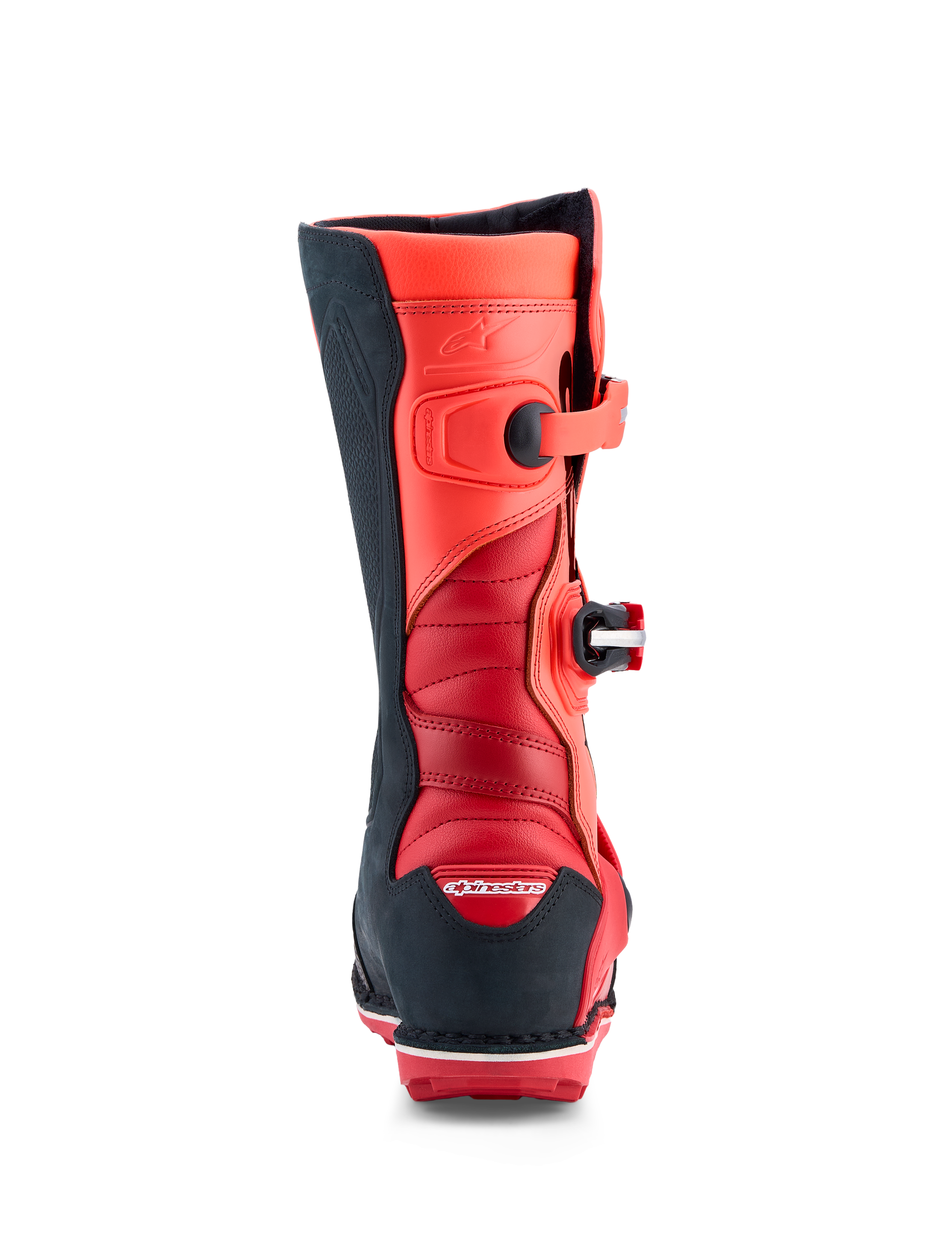 Alpinestars Tech-T Trial-Stiefel in Rot Fluo und schwarzem Leder, Rückansicht mit Akkordeon-Flexzonen und CE-zertifiziertem TPU.