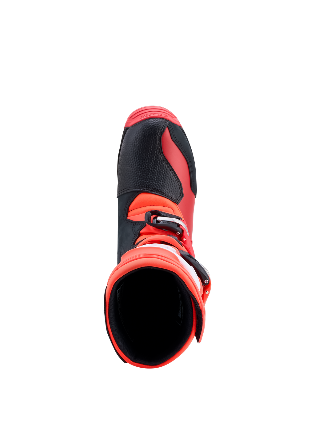 Alpinestars Tech-T Stiefel, rote und schwarze Leder-Trialstiefel, Draufsicht mit Blick in die Stiefelöffnung.