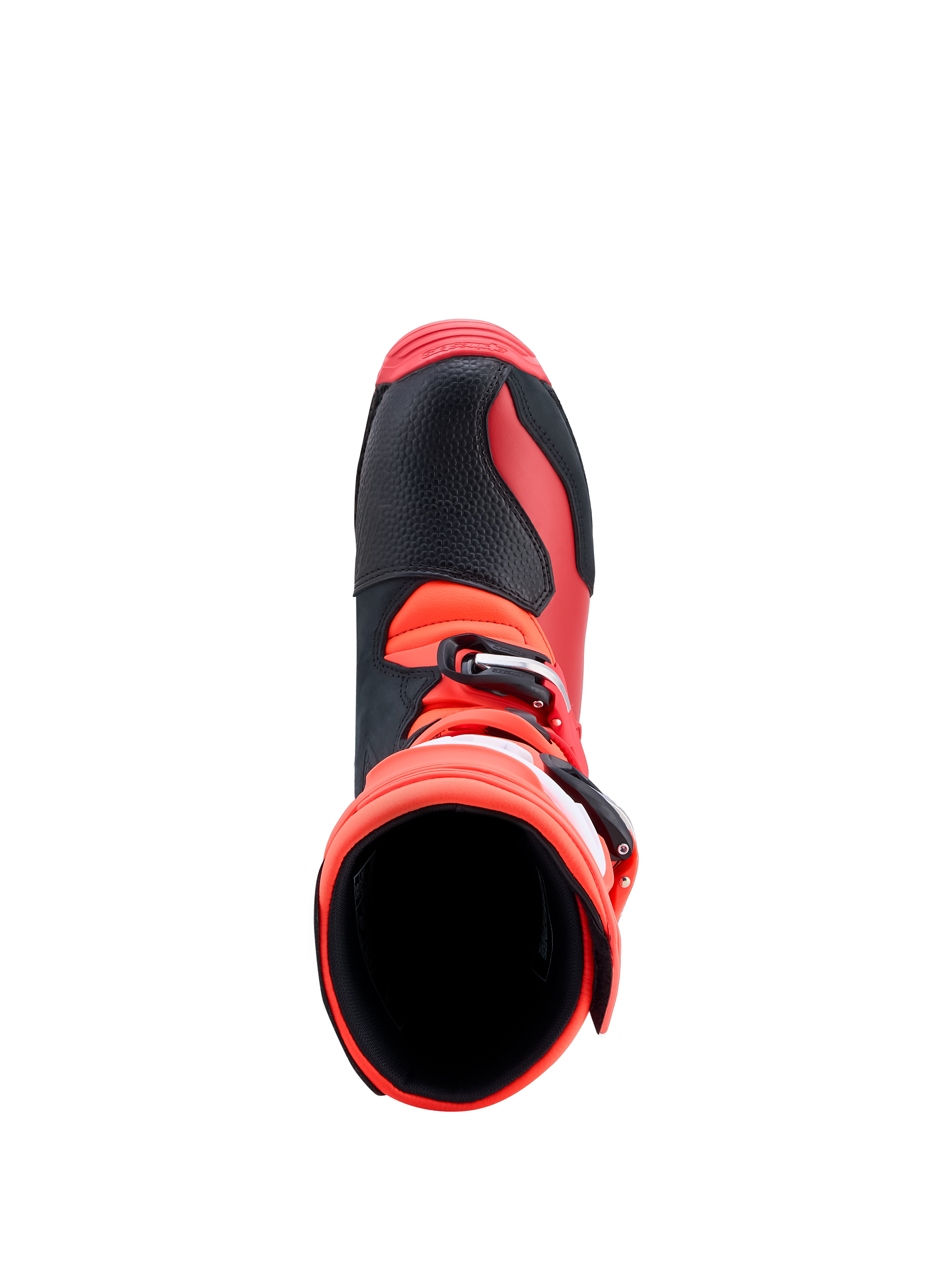 Alpinestars Tech-T Stiefel, rote und schwarze Leder-Trialstiefel, Draufsicht mit Blick in die Stiefelöffnung.