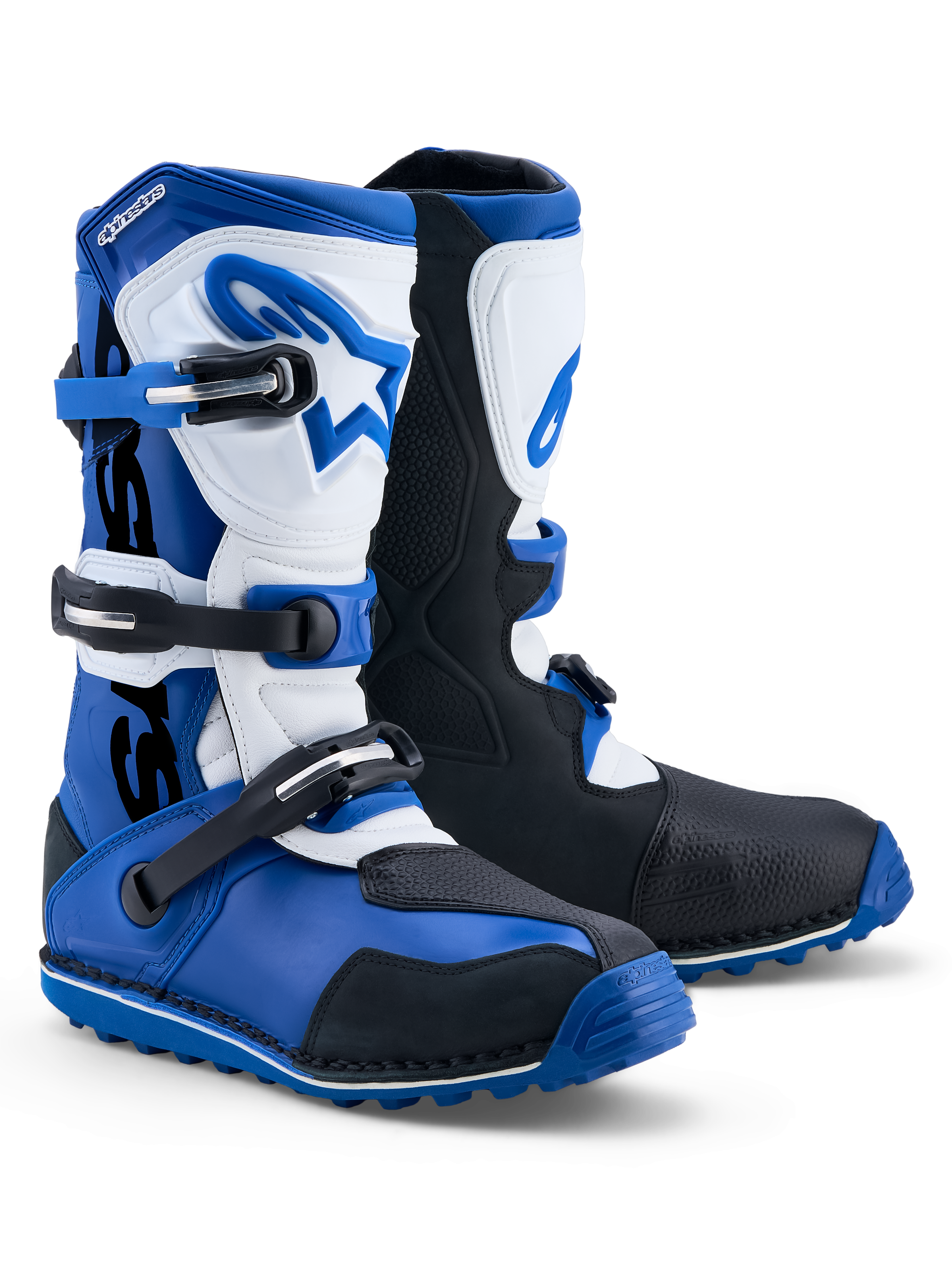 Alpinestars Tech-T Stiefel, Trial-Motorradstiefel für Herren in Blau, Schwarz und Weiß mit Leder und TPU-Schutz.