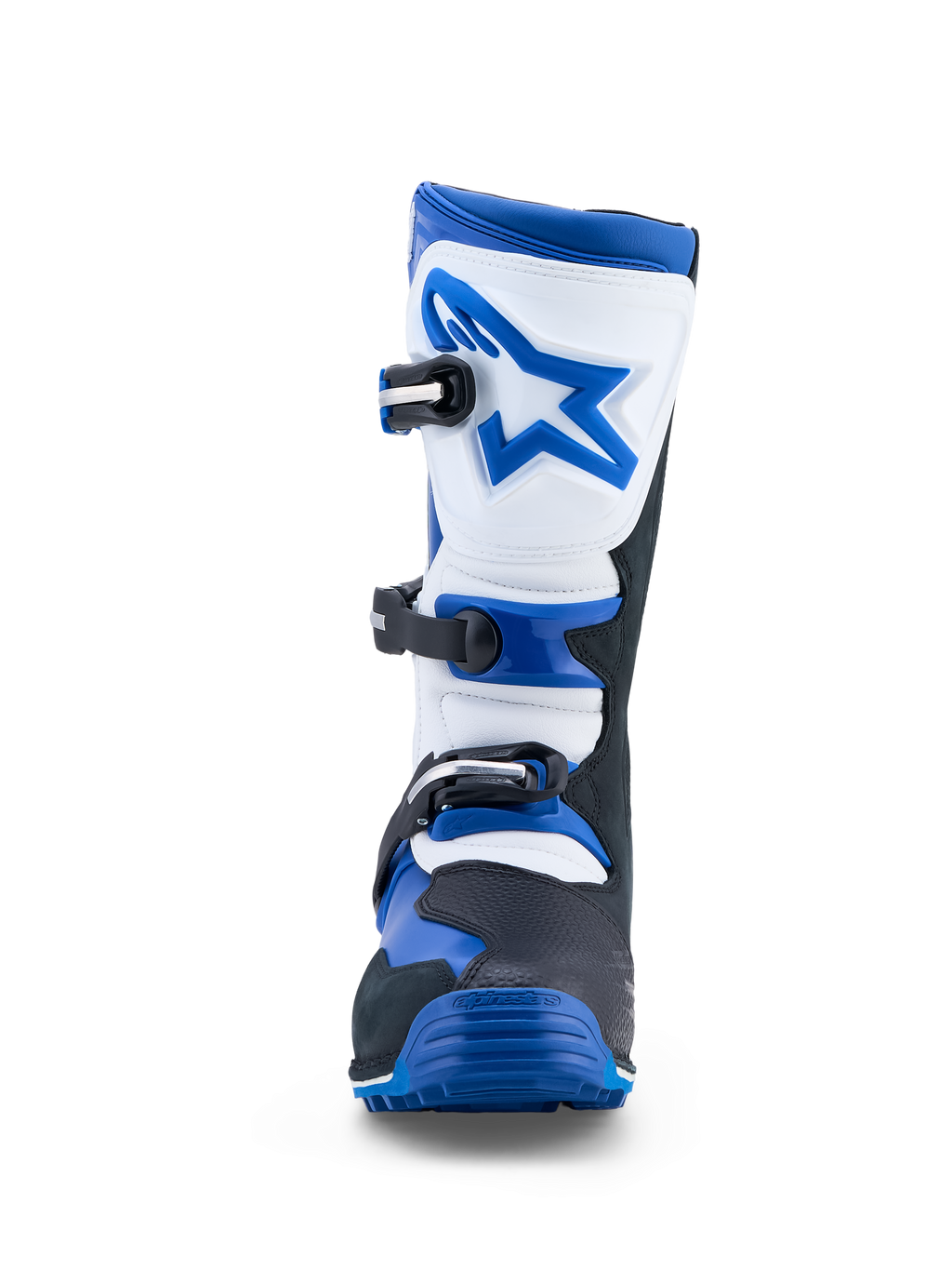 Alpinestars Tech-T Stiefel, Herren-Trial-Motorradstiefel aus Leder in Blau, Schwarz und Weiß mit Dreischnallenverschluss.