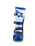 Alpinestars Tech-T Stiefel, Herren-Trial-Motorradstiefel aus Leder in Blau, Schwarz und Weiß mit Dreischnallenverschluss.