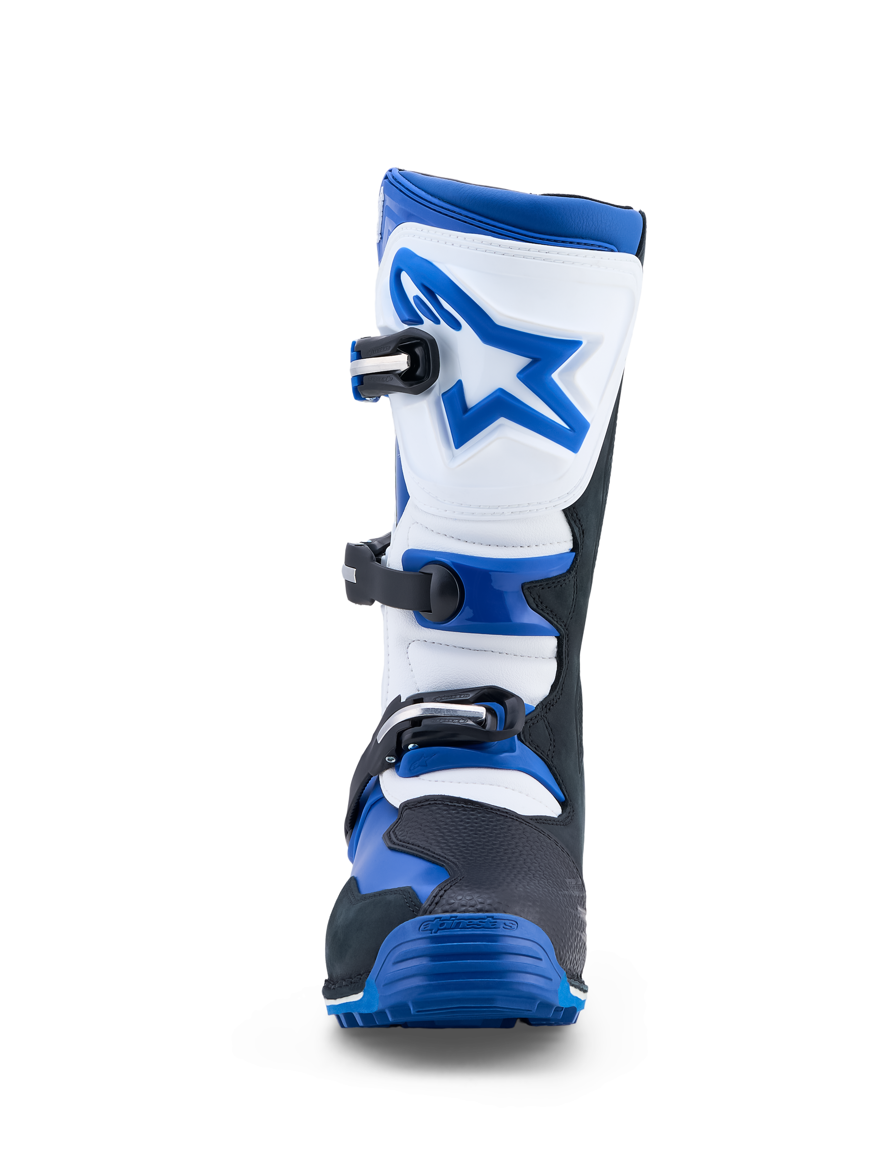 Alpinestars Tech-T Stiefel, Herren-Trial-Motorradstiefel aus Leder in Blau, Schwarz und Weiß mit Dreischnallenverschluss.