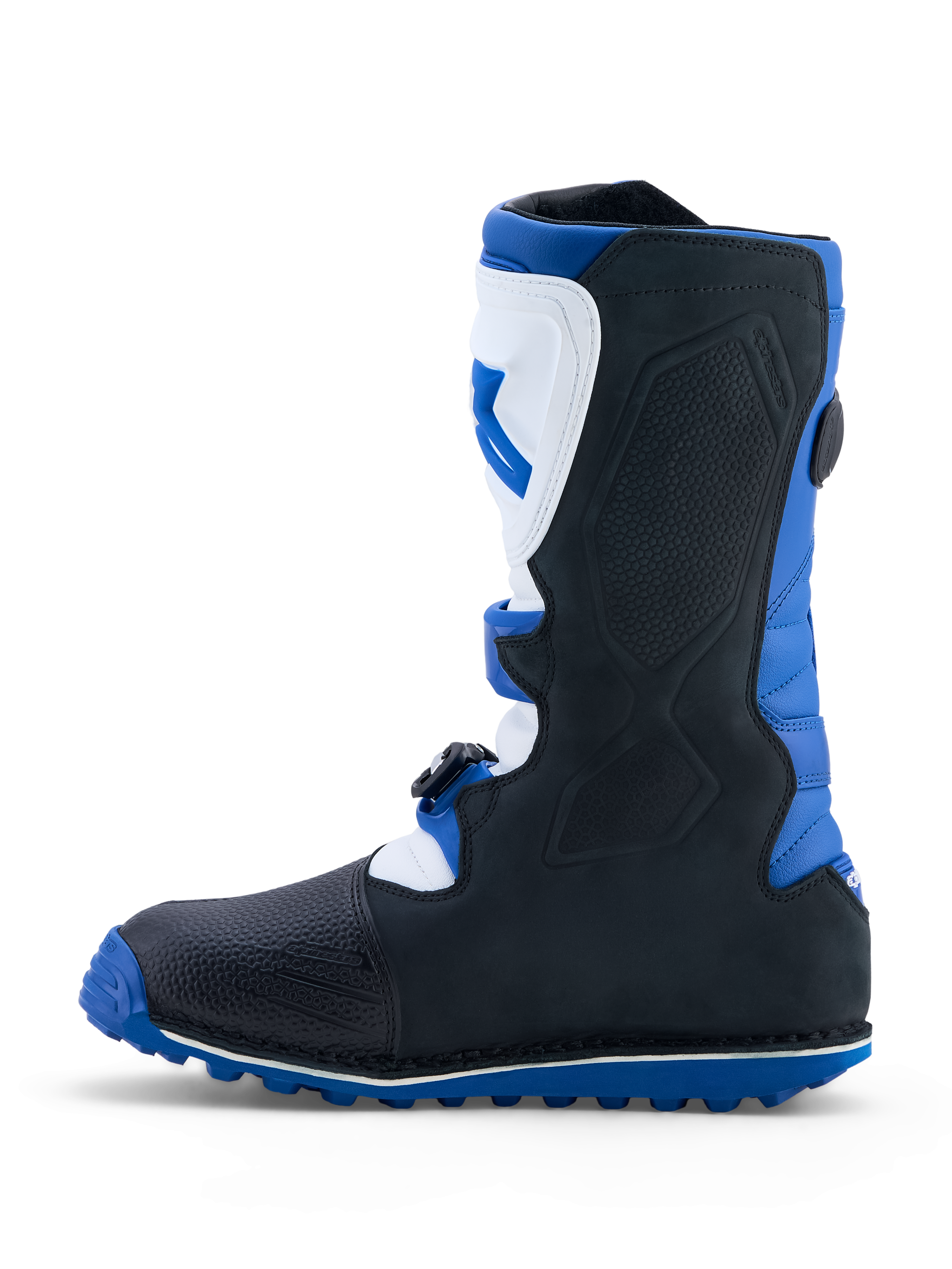 Alpinestars Tech-T Stiefel, Trial-Motorradstiefel für Herren, Blau, Schwarz und Weiß, mit TPU-Schienbeinplatte und griffiger Gummisohle.