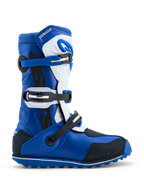 Alpinestars Tech-T Trial-Stiefel, blau-weiße Motorradstiefel aus Leder mit Drei-Schnallen-System und griffiger Gummisohle.